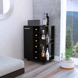 Tuhome Bar Cart, Two External Shelves, Four Caster Wheels, Six Wine Cubbies, One-Door Cabinet, Countertop, Black, For Living Roo