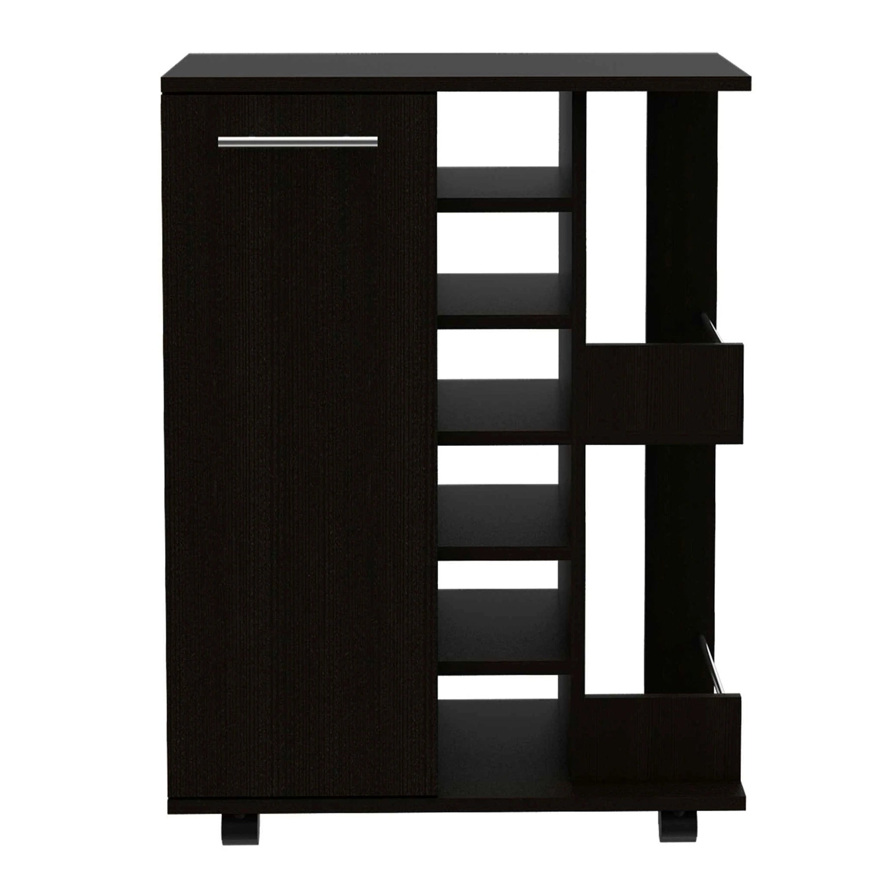 Tuhome Bar Cart, Two External Shelves, Four Caster Wheels, Six Wine Cubbies, One-Door Cabinet, Countertop, Black, For Living Roo