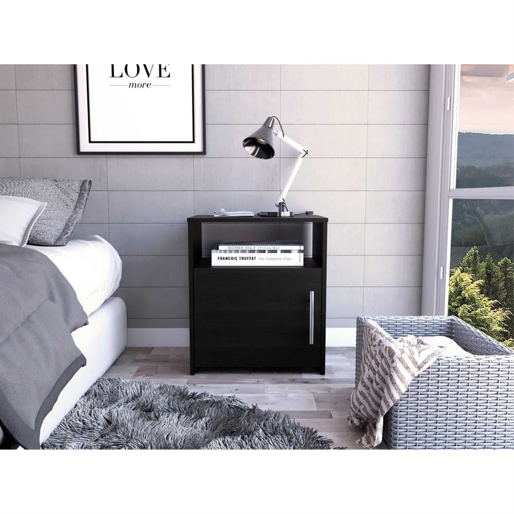 Tuhome Nordico Nightstand, One Shelf, One-Door Cabinet, Metal Handle, Countertop, Black, For Bedroom