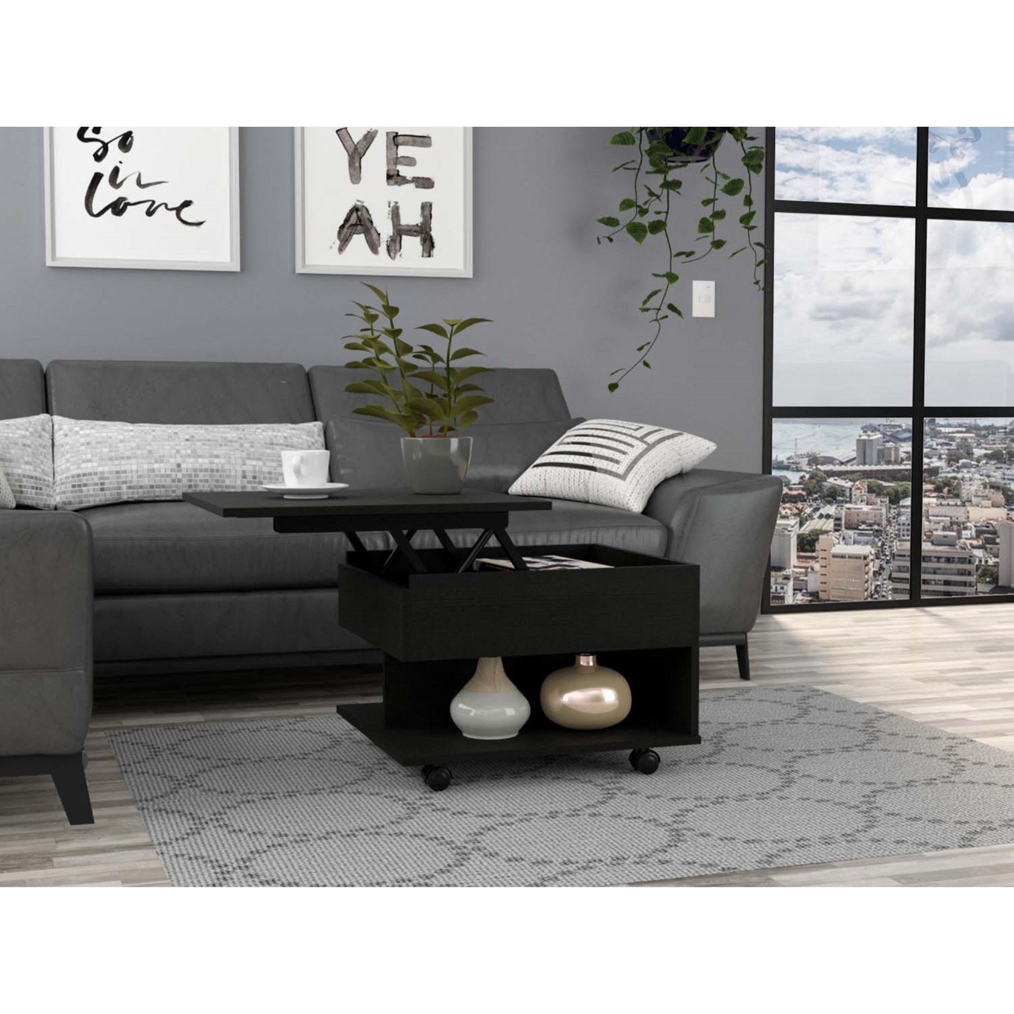 Tuhome Luanda Lift Top Coffee Table, Countertop, Caster Wheels, One Shelf - Black, For Living Room