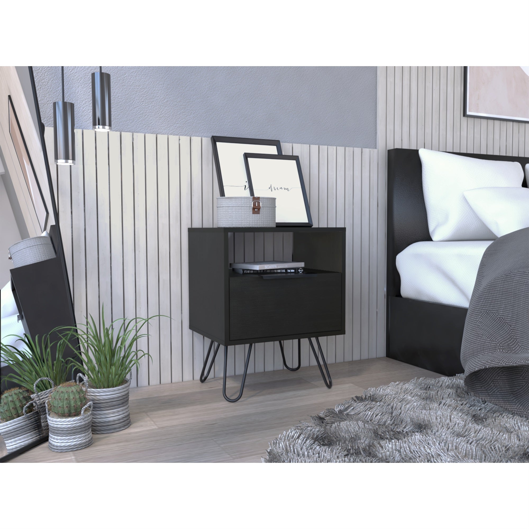 Tuhome Augusta Night Stand, Two Shelves, One-Door Drawer, Four Steel Legs-Black, For Bedroom