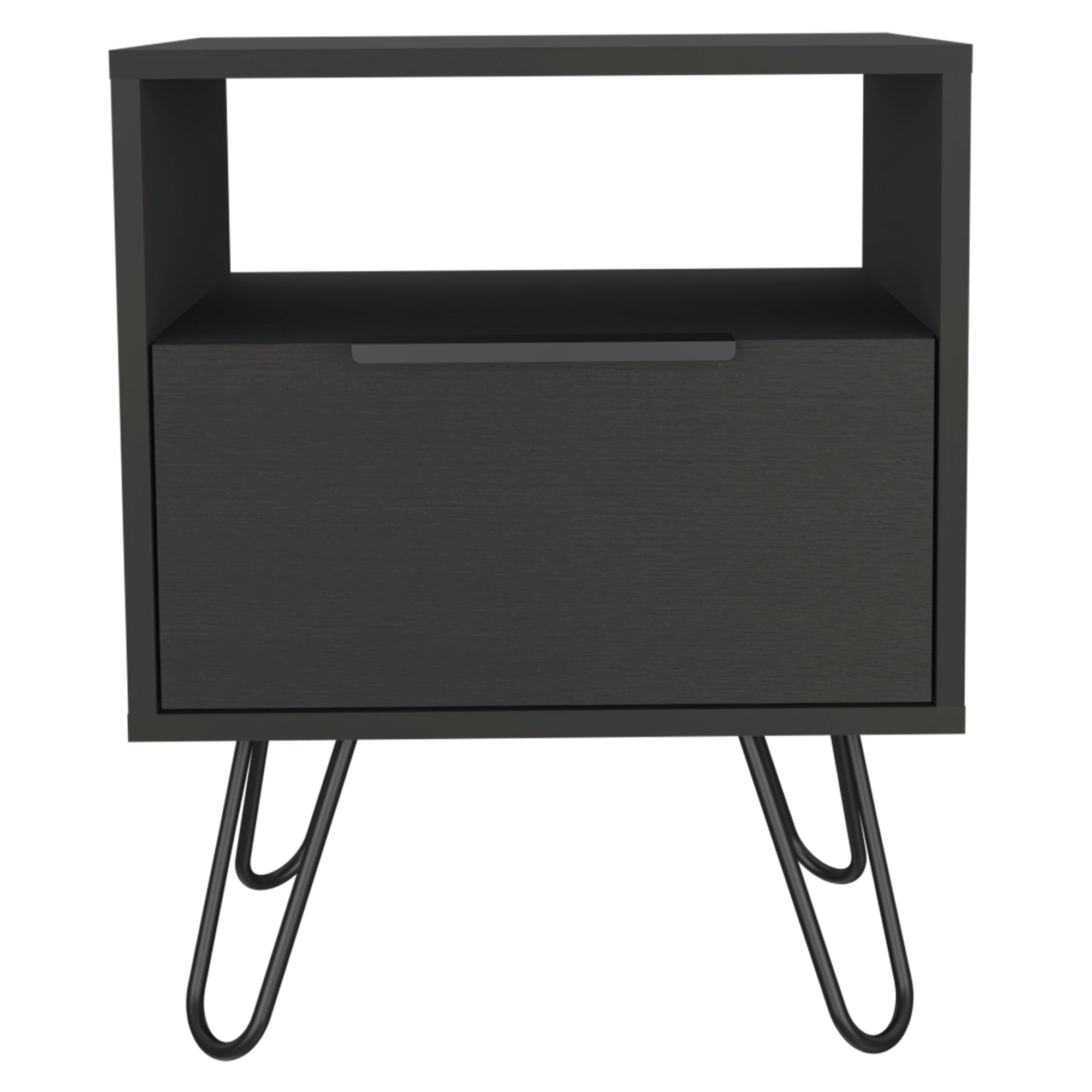 Tuhome Augusta Night Stand, Two Shelves, One-Door Drawer, Four Steel Legs-Black, For Bedroom