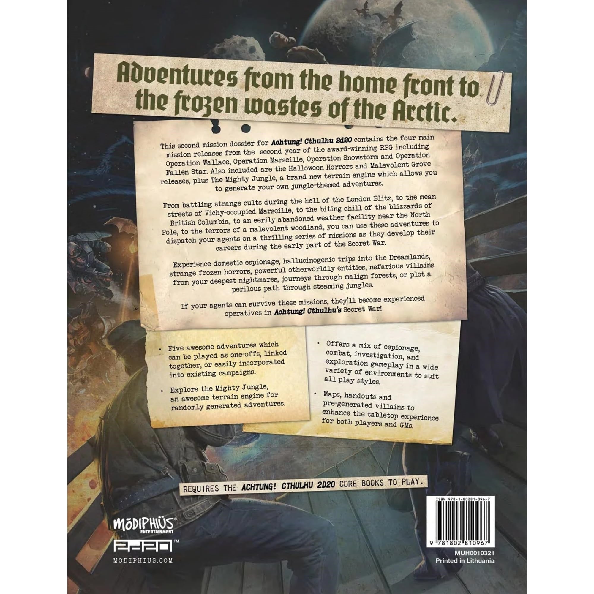 Modiphius Entertainment: Achtung! Cthulhu 2D20: Mission Dossier 2 - The Dark Beyond - Expansion Hardcover Rpg Book