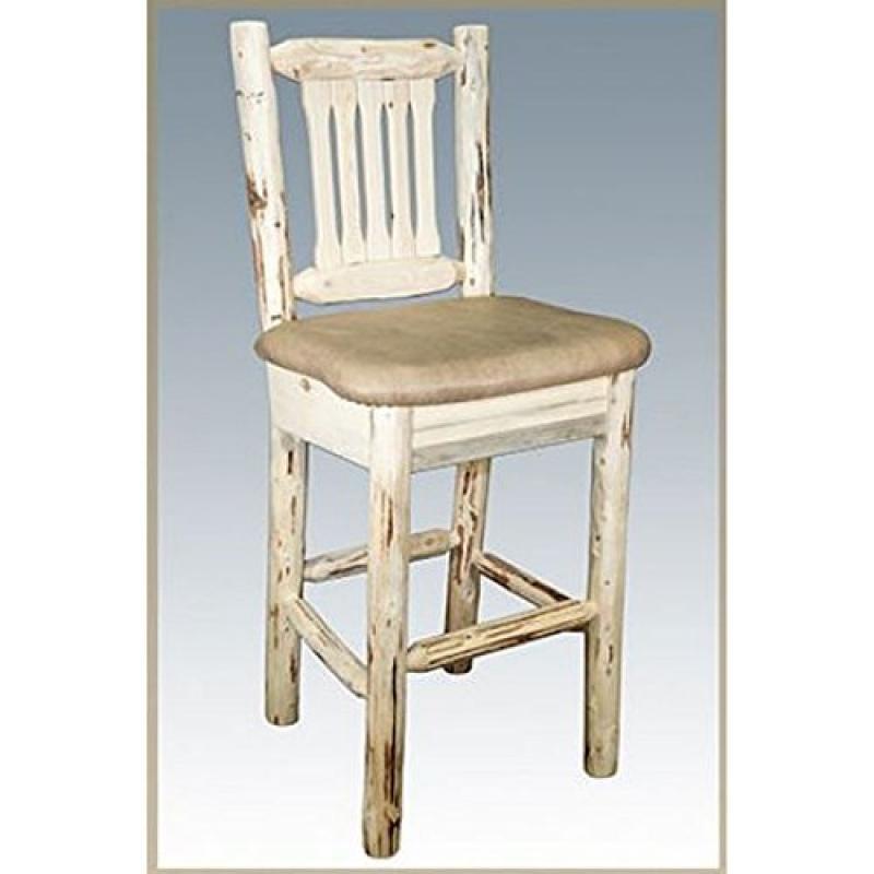 Montana Collection Barstool W/ Back, Clear Lacquer Finish W/ Upholstered Seat, Buckskin Pattern