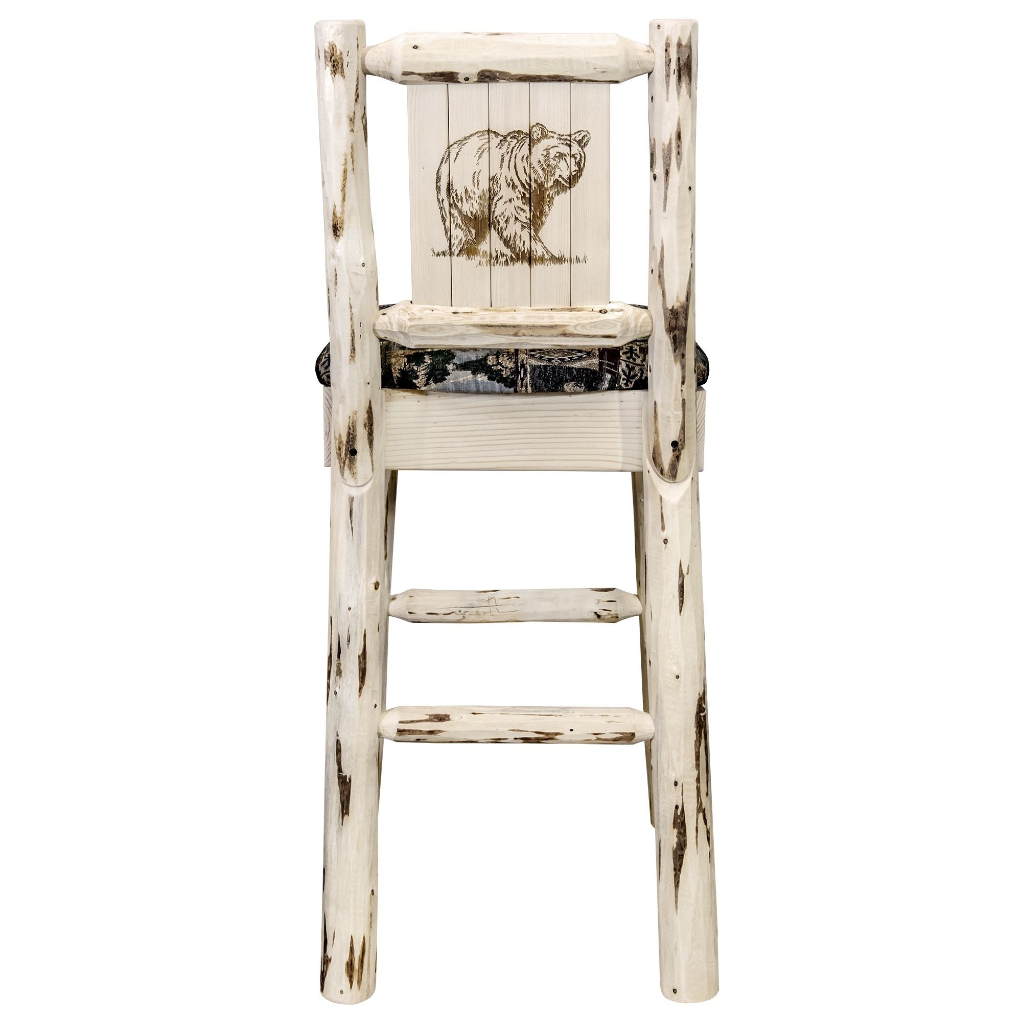 Montana Collection Barstool W/ Back - Woodland Upholstery, W/ Laser Engraved Bear Design, Clear Lacquer Finish