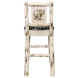 Montana Collection Barstool W/ Back - Woodland Upholstery, W/ Laser Engraved Bear Design, Clear Lacquer Finish
