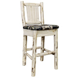 Montana Collection Barstool W/ Back - Woodland Upholstery, W/ Laser Engraved Bear Design, Clear Lacquer Finish