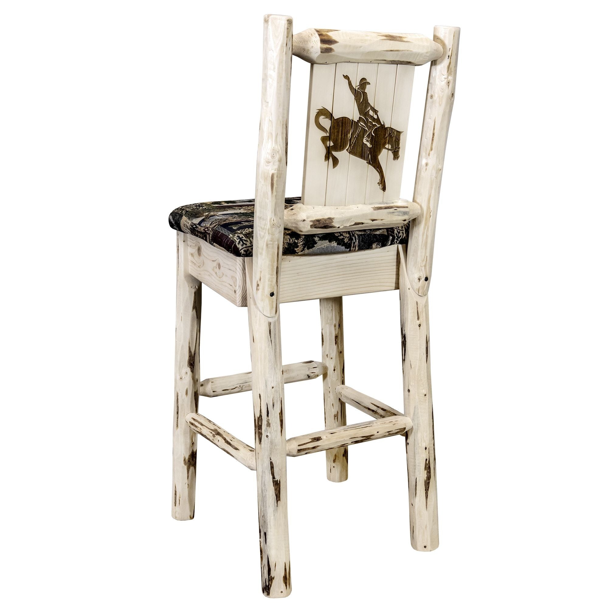 Montana Collection Barstool W/ Back - Woodland Upholstery, W/ Laser Engraved Bronc Design, Clear Lacquer Finish