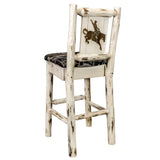 Montana Collection Barstool W/ Back - Woodland Upholstery, W/ Laser Engraved Bronc Design, Clear Lacquer Finish