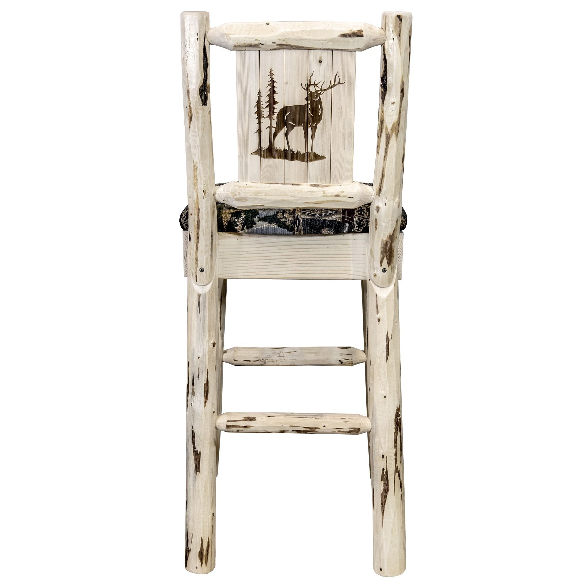Montana Collection Barstool W/ Back - Woodland Upholstery, W/ Laser Engraved Elk Design, Clear Lacquer Finish