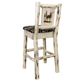 Montana Collection Barstool W/ Back - Woodland Upholstery, W/ Laser Engraved Elk Design, Clear Lacquer Finish