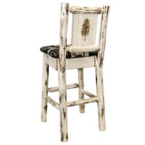 Montana Collection Barstool W/ Back - Woodland Upholstery, W/ Laser Engraved Pine Tree Design, Clear Lacquer Finish