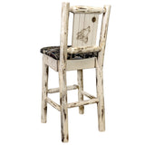 Montana Collection Barstool W/ Back - Woodland Upholstery, W/ Laser Engraved Wolf Design, Clear Lacquer Finish