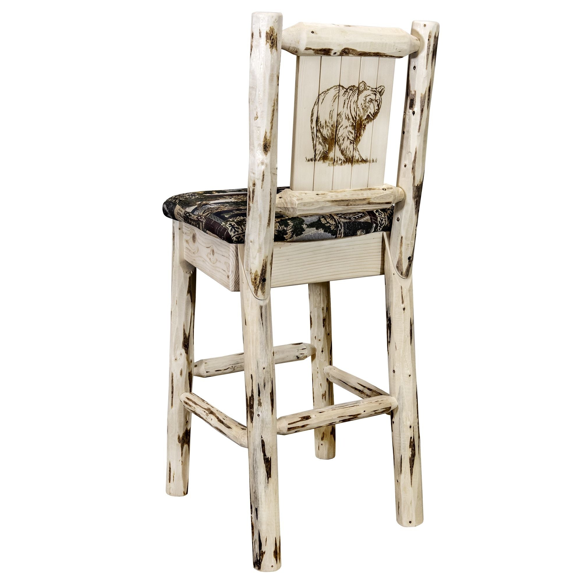 Montana Collection Barstool W/ Back - Woodland Upholstery, W/ Laser Engraved Bear Design, Ready To Finish
