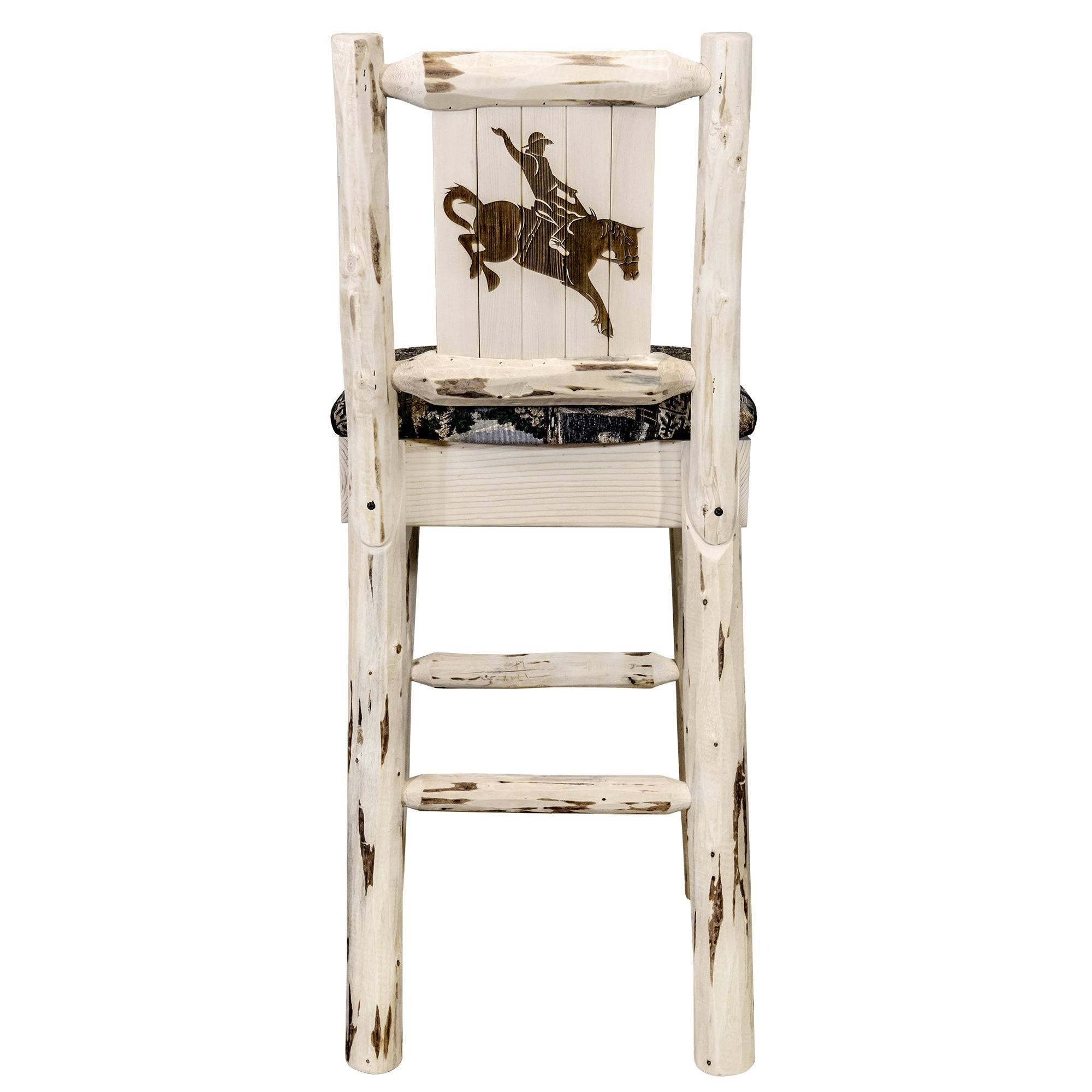 Montana Collection Barstool W/ Back - Woodland Upholstery, W/ Laser Engraved Bronc Design, Ready To Finish
