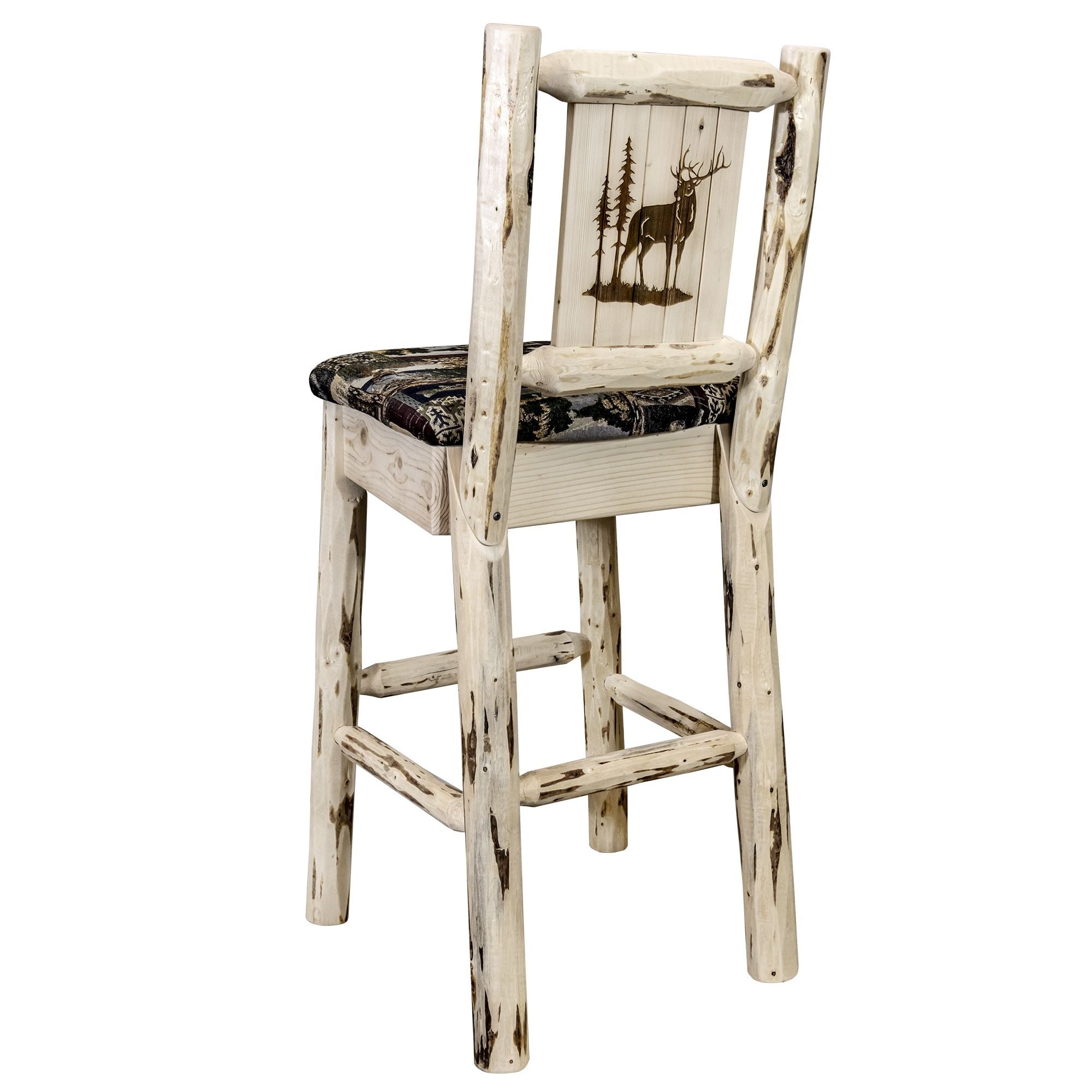 Montana Collection Barstool W/ Back - Woodland Upholstery, W/ Laser Engraved Elk Design, Ready To Finish