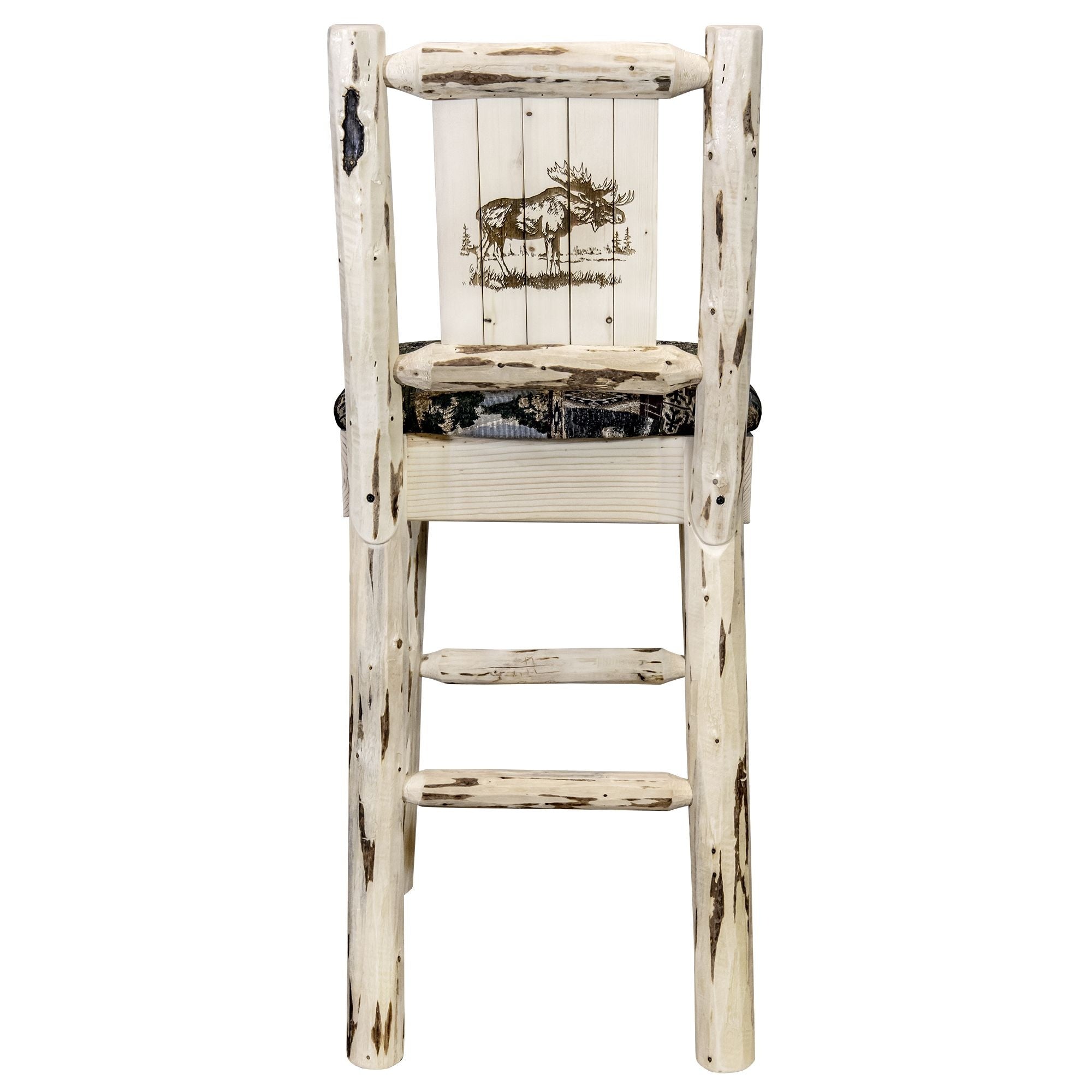 Montana Collection Barstool W/ Back - Woodland Upholstery, W/ Laser Engraved Moose Design, Ready To Finish