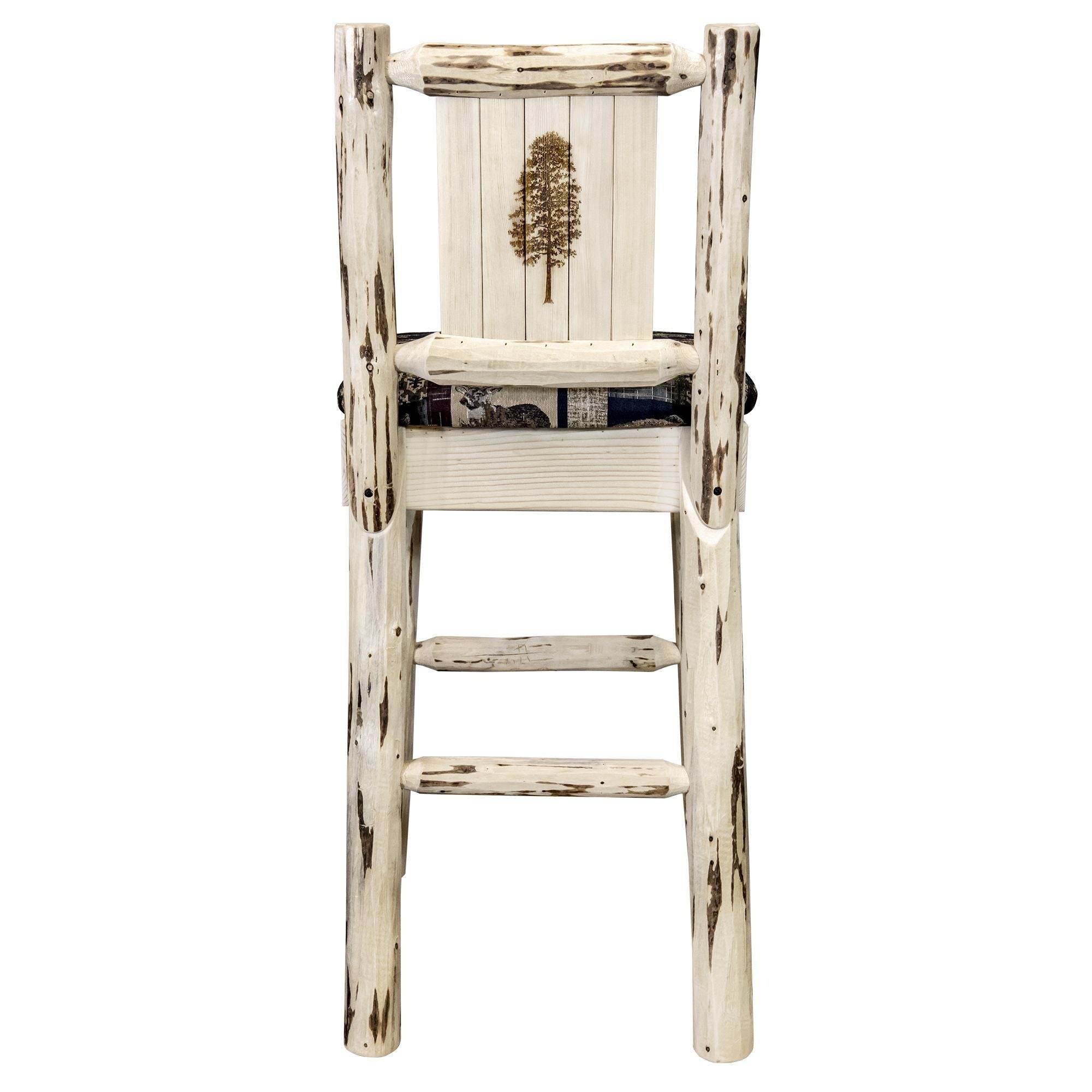 Montana Collection Barstool W/ Back - Woodland Upholstery, W/ Laser Engraved Pine Tree Design, Ready To Finish