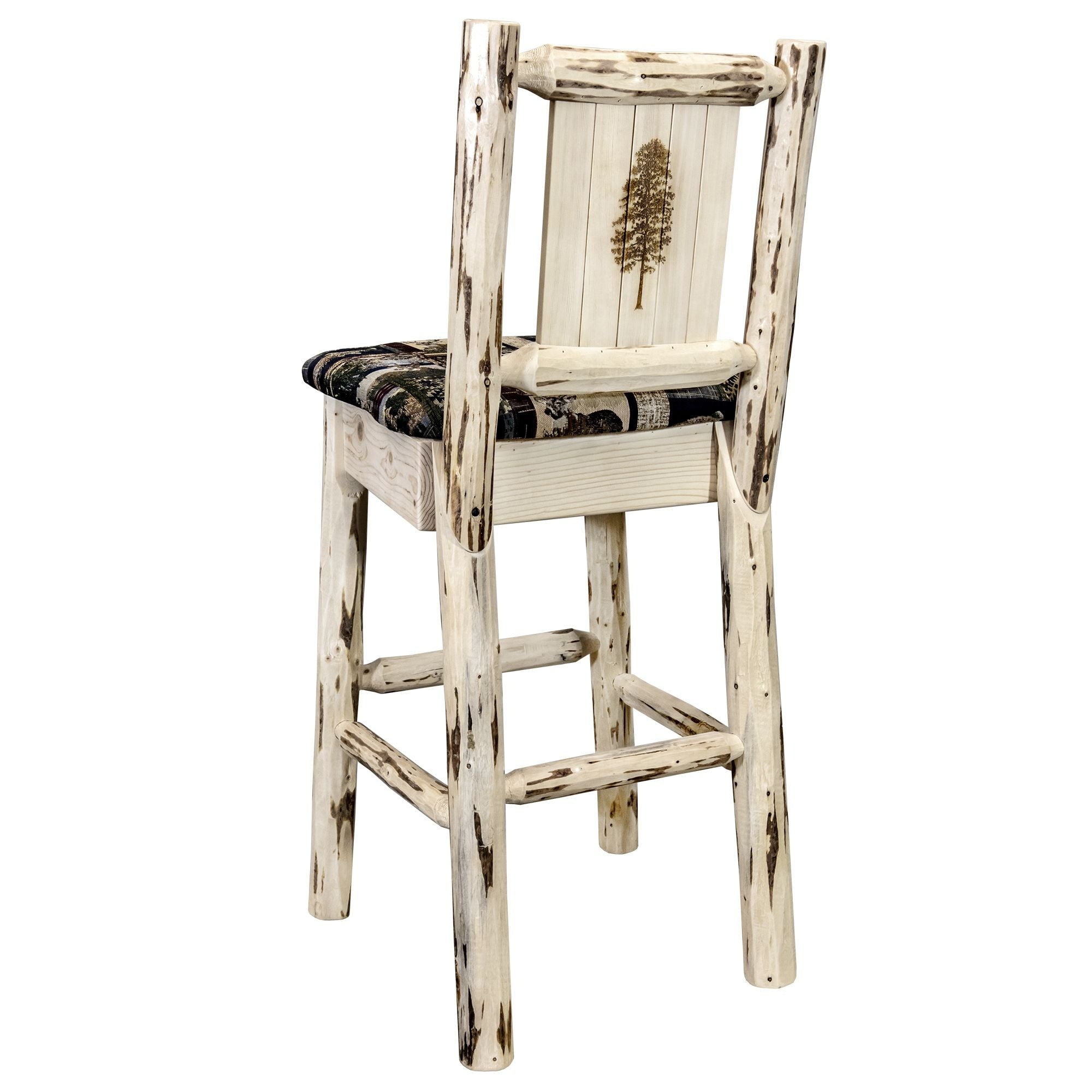 Montana Collection Barstool W/ Back - Woodland Upholstery, W/ Laser Engraved Pine Tree Design, Ready To Finish