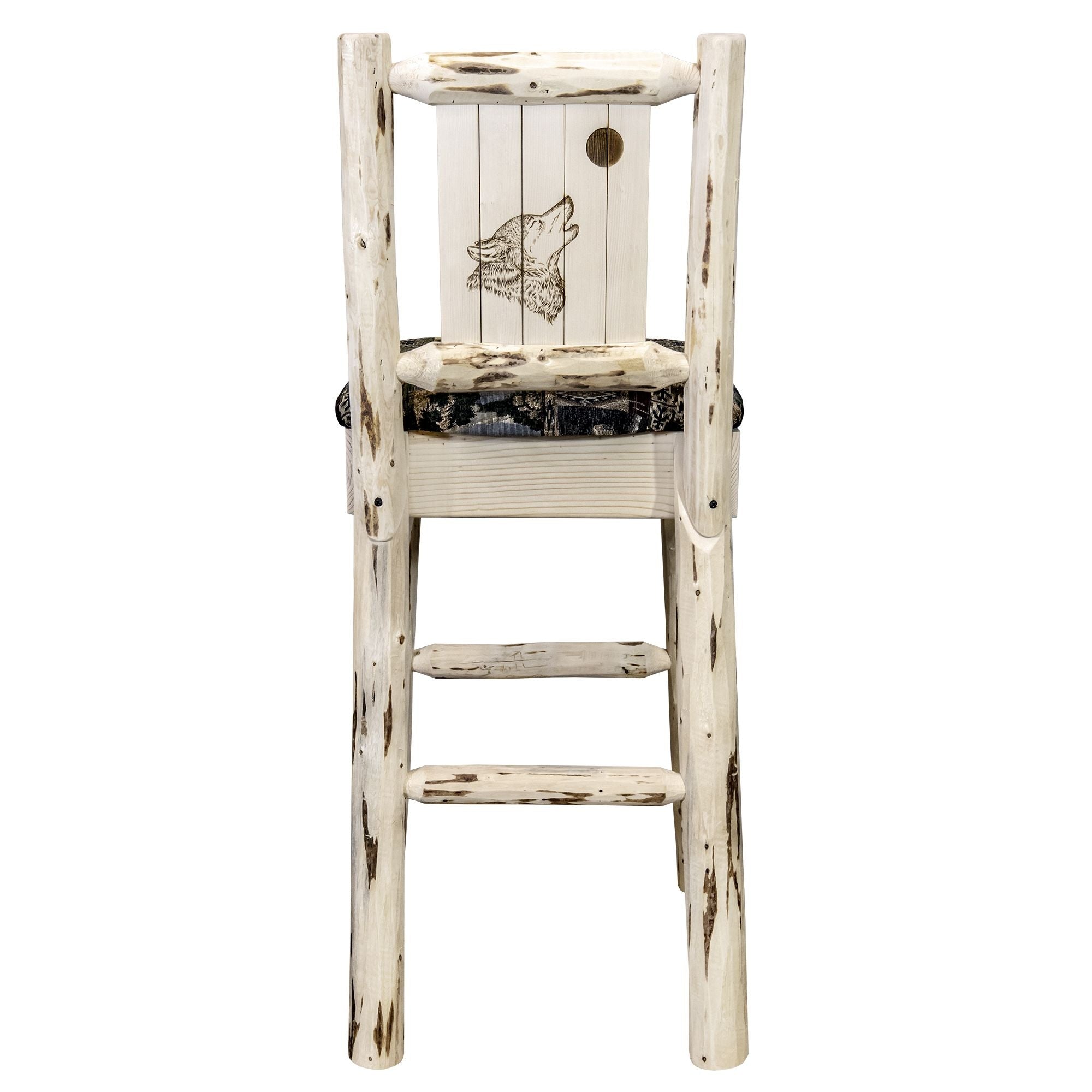 Montana Collection Barstool W/ Back - Woodland Upholstery, W/ Laser Engraved Wolf Design, Ready To Finish