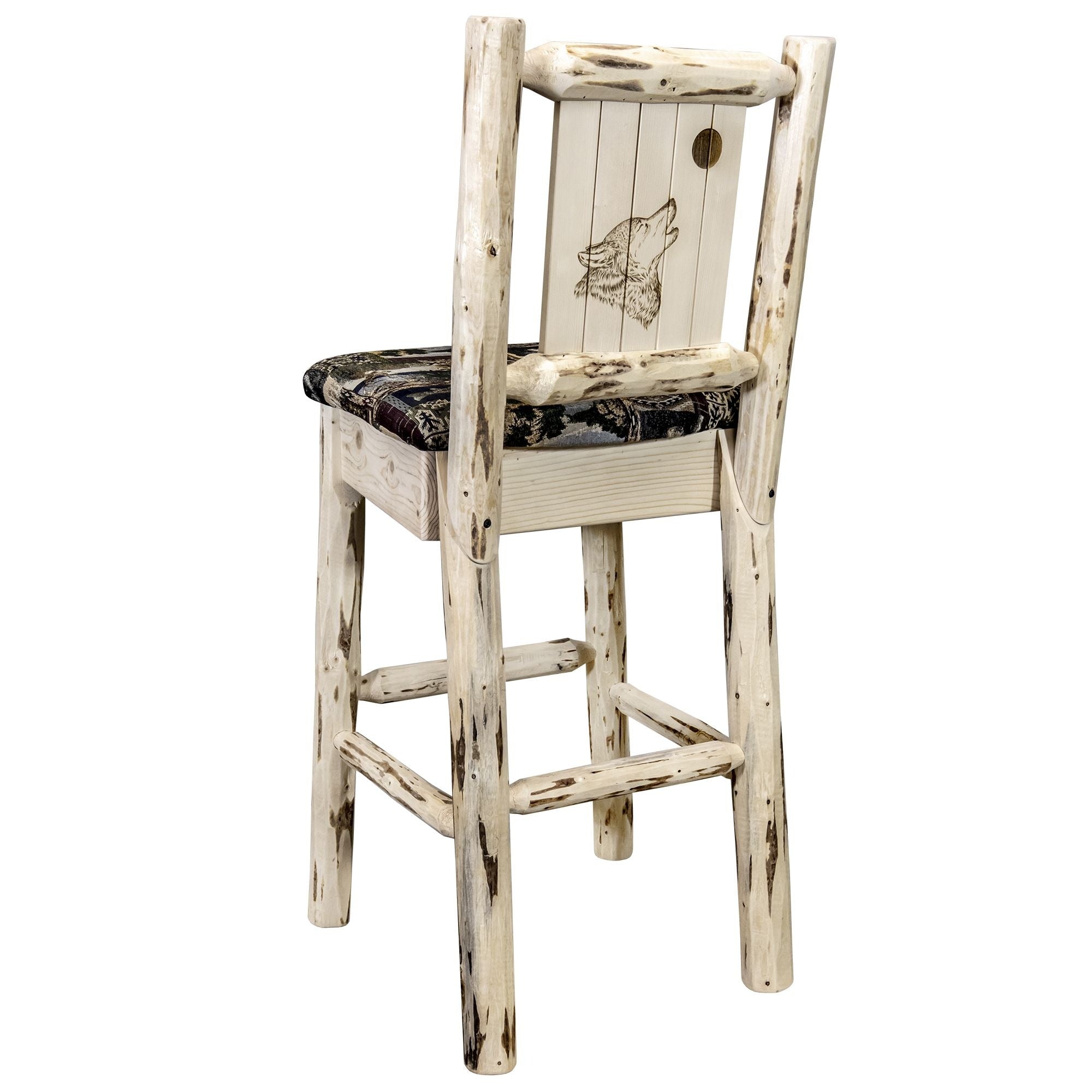 Montana Collection Barstool W/ Back - Woodland Upholstery, W/ Laser Engraved Wolf Design, Ready To Finish