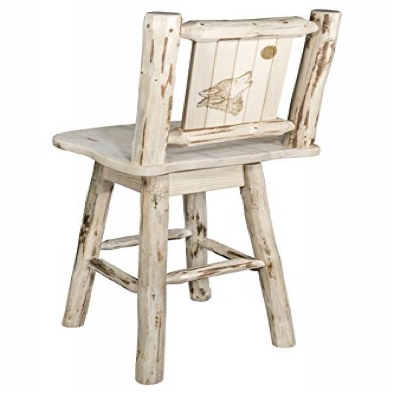 Montana Collection Barstool W/ Back & Swivel W/ Laser Engraved Wolf Design, Ready To Finish