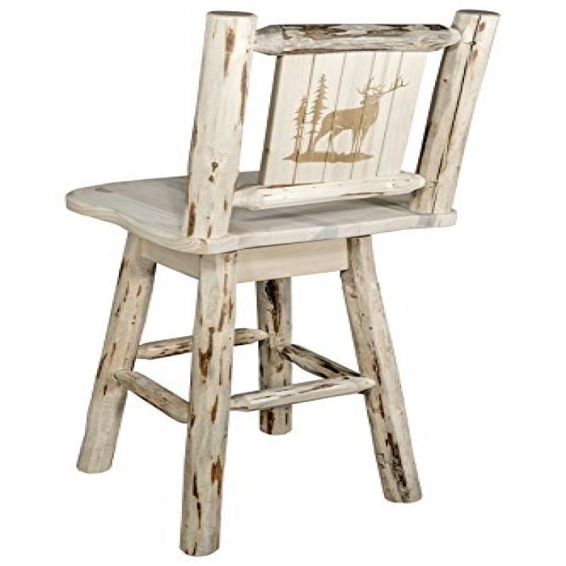 Montana Collection Counter Height Barstool W/ Back & Swivel W/ Laser Engraved Elk Design, Clear Lacquer Finish