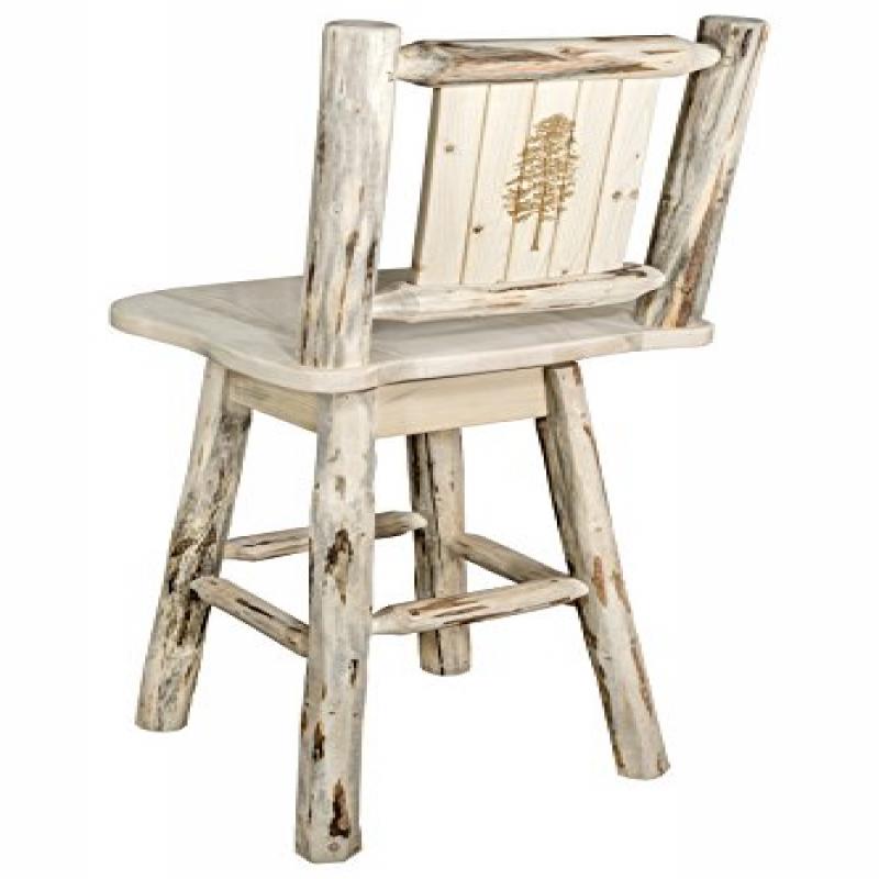 Montana Collection Barstool W/ Back & Swivel W/ Laser Engraved Pine Tree Design, Clear Lacquer Finish