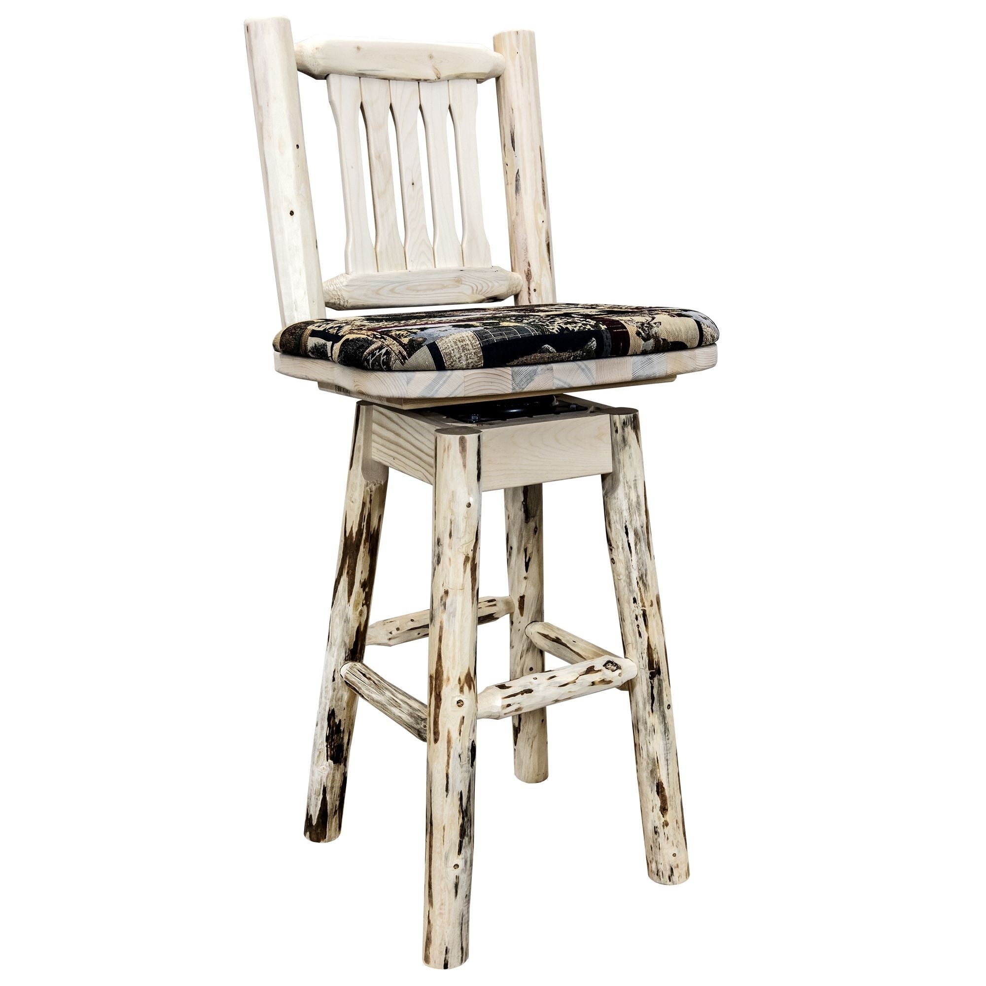 Montana Collection Barstool W/ Back & Swivel, Clear Lacquer Finish W/ Upholstered Seat, Woodland Pattern