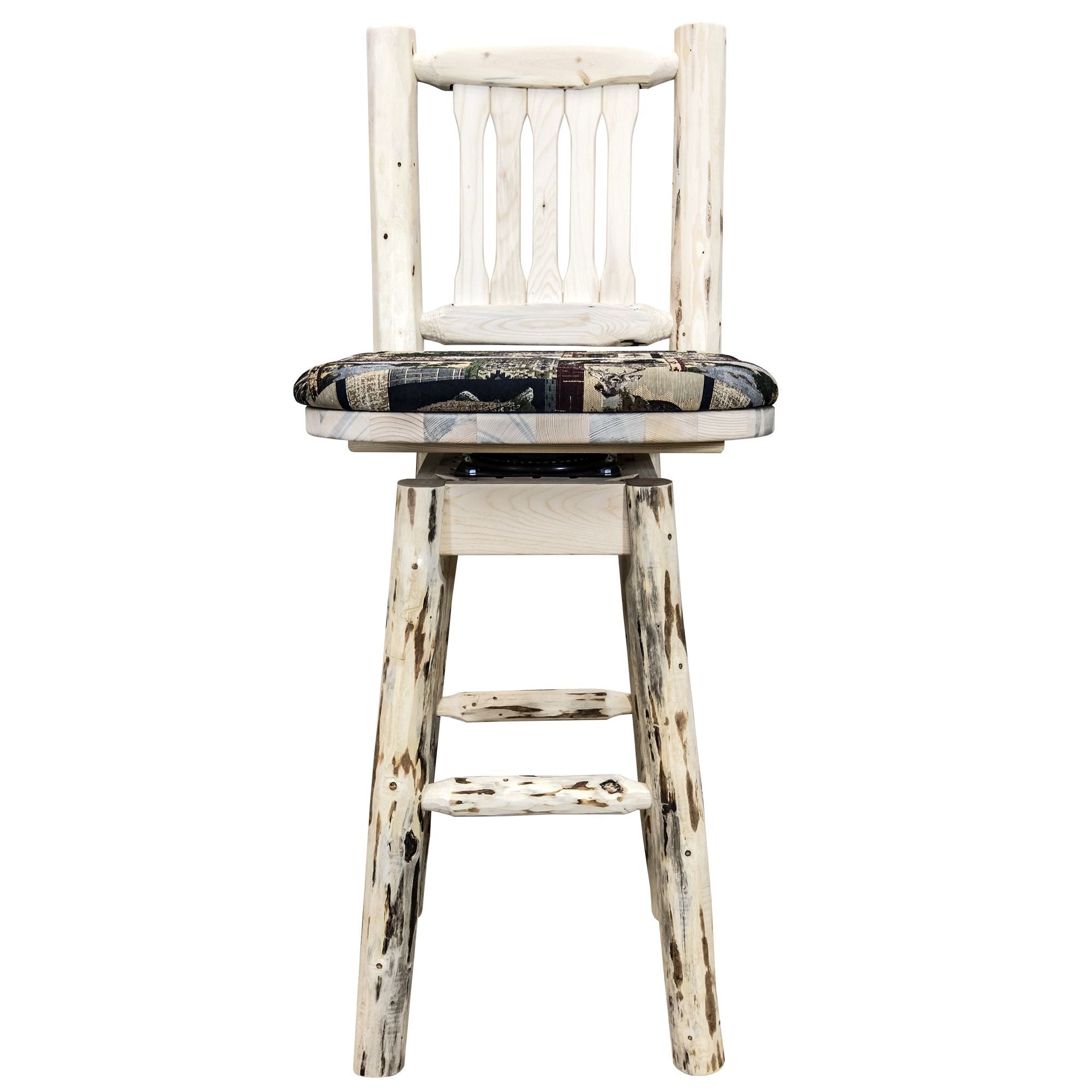 Montana Collection Barstool W/ Back & Swivel, Clear Lacquer Finish W/ Upholstered Seat, Woodland Pattern