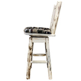 Montana Collection Barstool W/ Back & Swivel, Clear Lacquer Finish W/ Upholstered Seat, Woodland Pattern