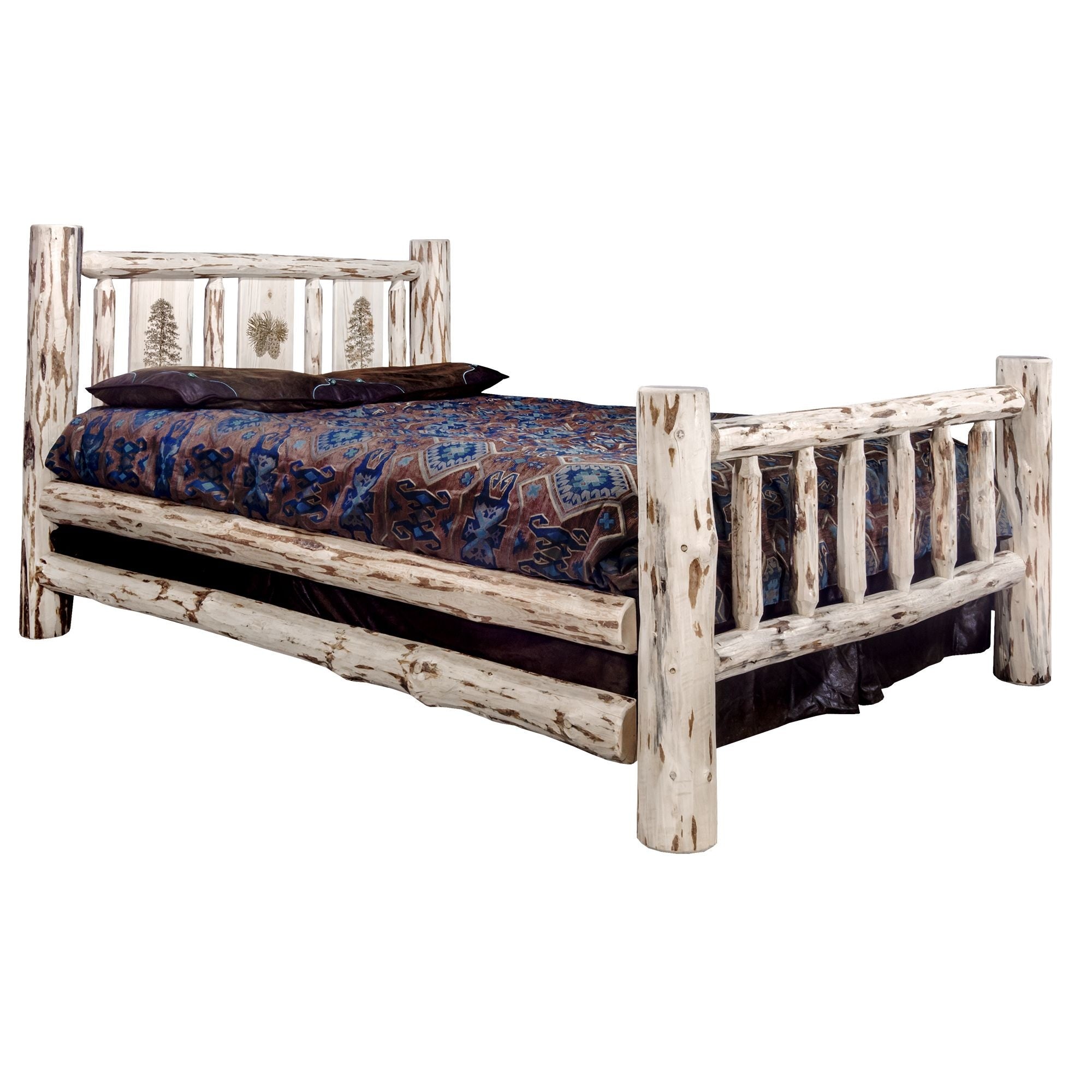 Montana Collection Full Bed W/ Laser Engraved Pine Tree Design, Clear Lacquer Finish