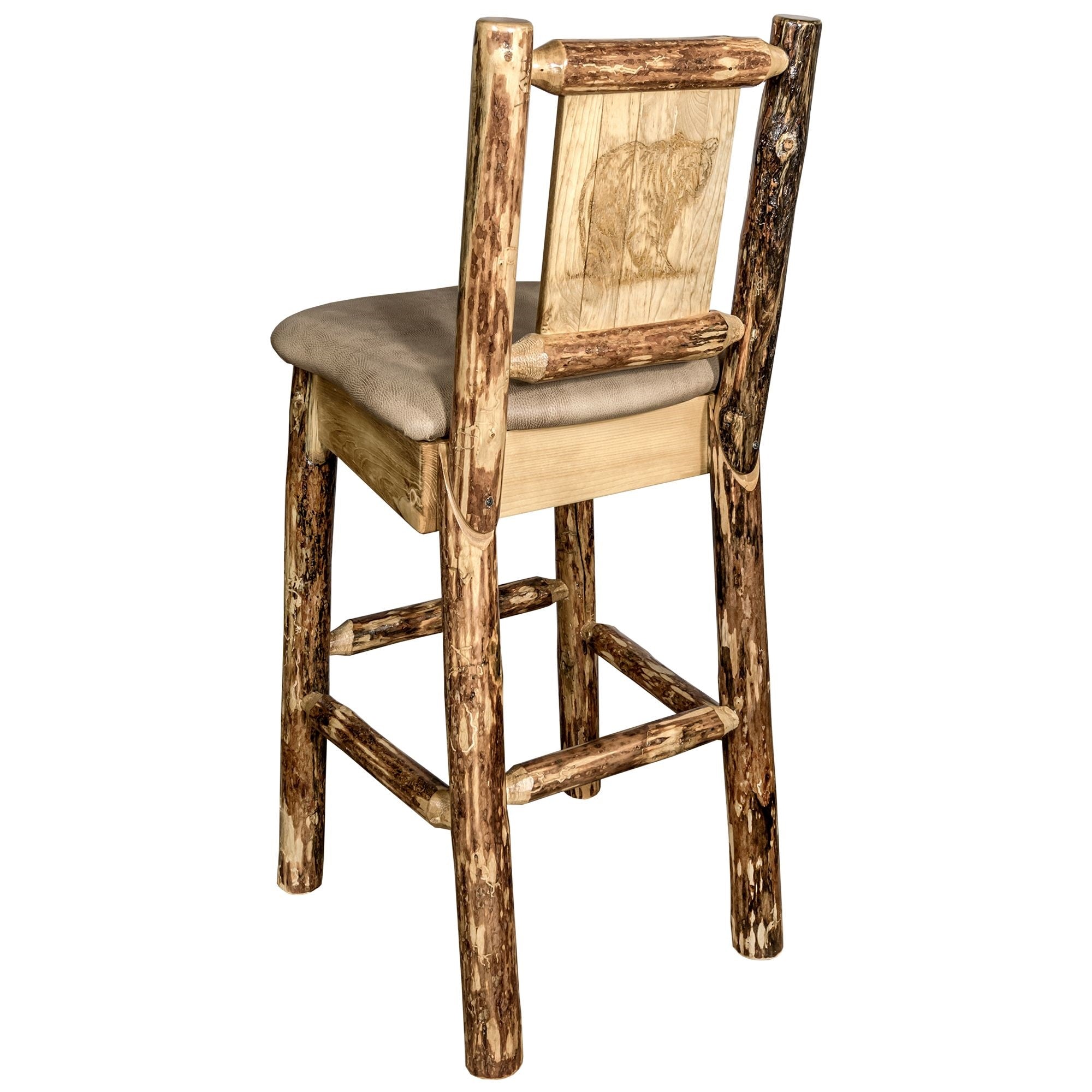Glacier Country Collection Counter Height Barstool W/ Back - Buckskin Upholstery, W/ Laser Engraved Bear Design