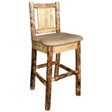 Glacier Country Collection Counter Height Barstool W/ Back - Buckskin Upholstery, W/ Laser Engraved Bear Design