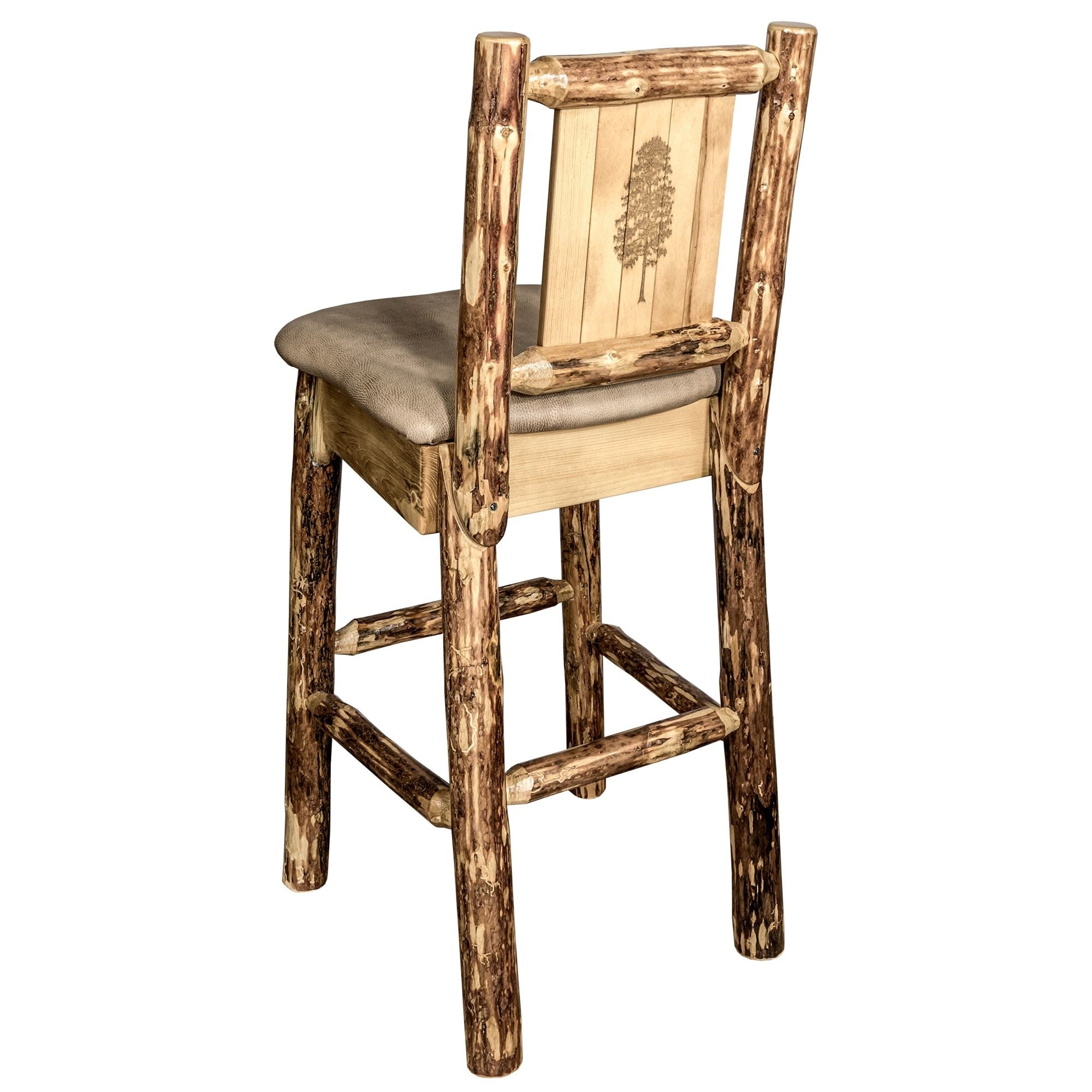 Glacier Country Collection Counter Height Barstool W/ Back - Buckskin Upholstery, W/ Laser Engraved Pine Tree Design