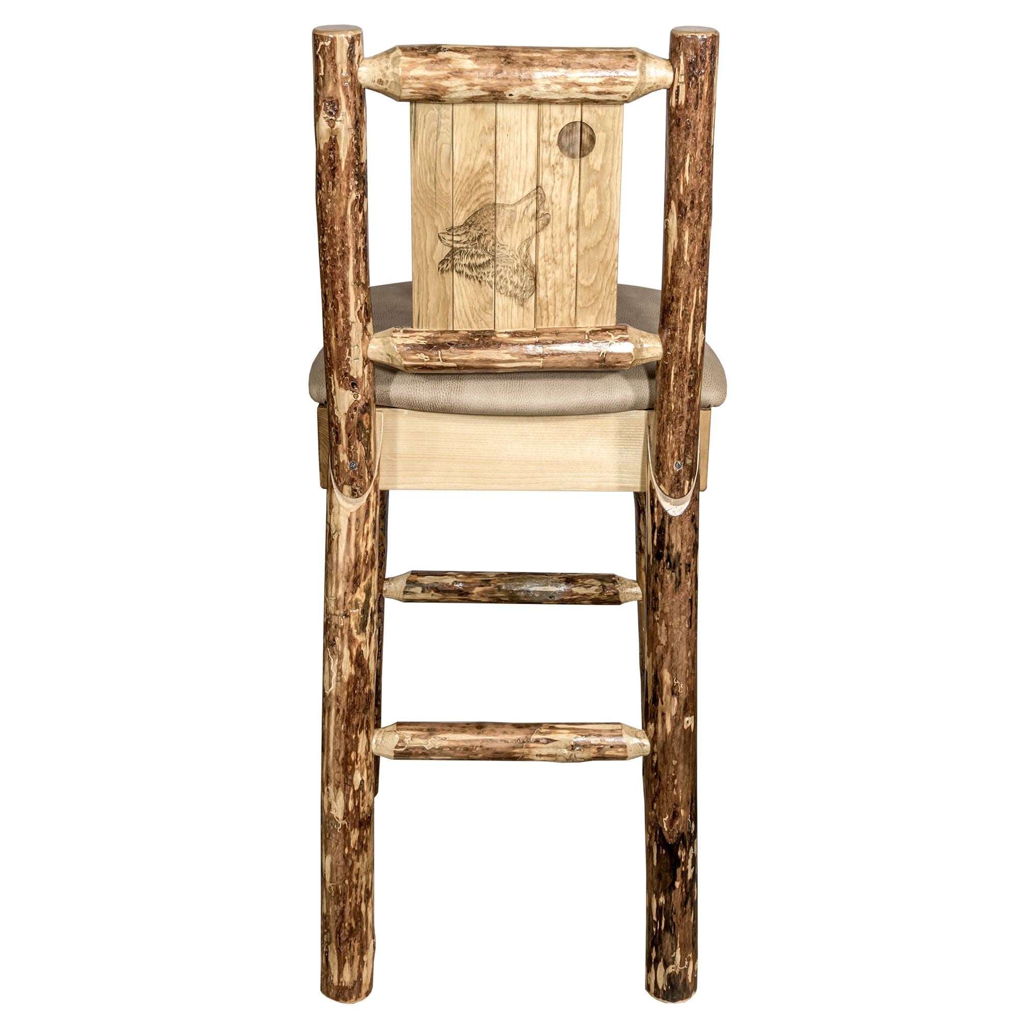 Glacier Country Collection Counter Height Barstool W/ Back - Buckskin Upholstery, W/ Laser Engraved Wolf Design
