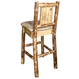 Glacier Country Collection Counter Height Barstool W/ Back - Buckskin Upholstery, W/ Laser Engraved Wolf Design