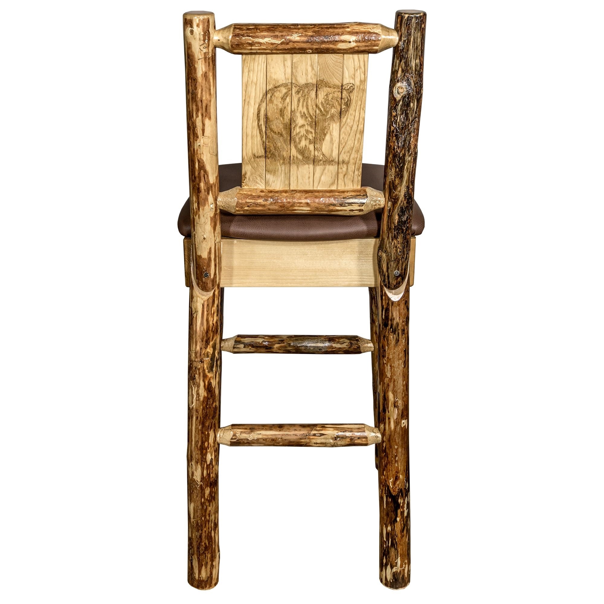 Glacier Country Collection Counter Height Barstool W/ Back - Saddle Upholstery, W/ Laser Engraved Bear Design