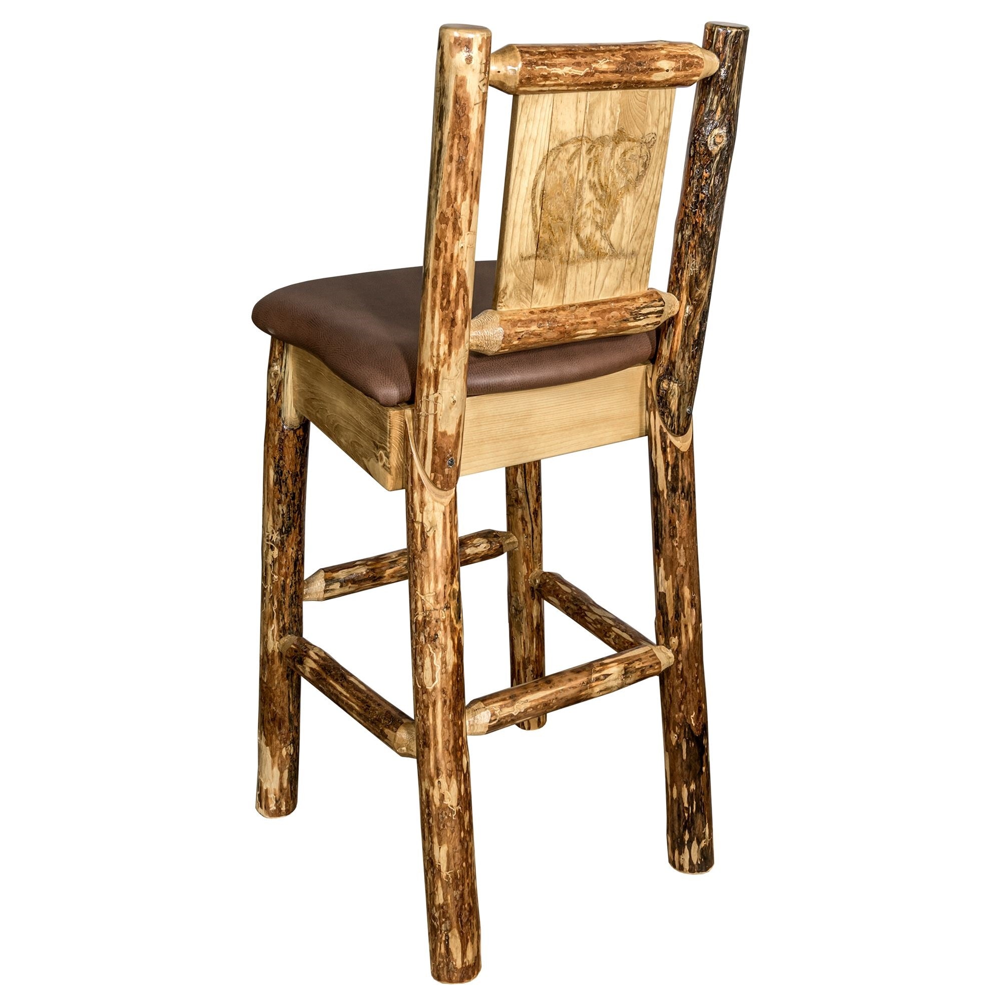 Glacier Country Collection Counter Height Barstool W/ Back - Saddle Upholstery, W/ Laser Engraved Bear Design