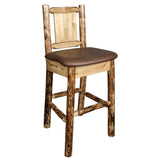 Glacier Country Collection Counter Height Barstool W/ Back - Saddle Upholstery, W/ Laser Engraved Bear Design