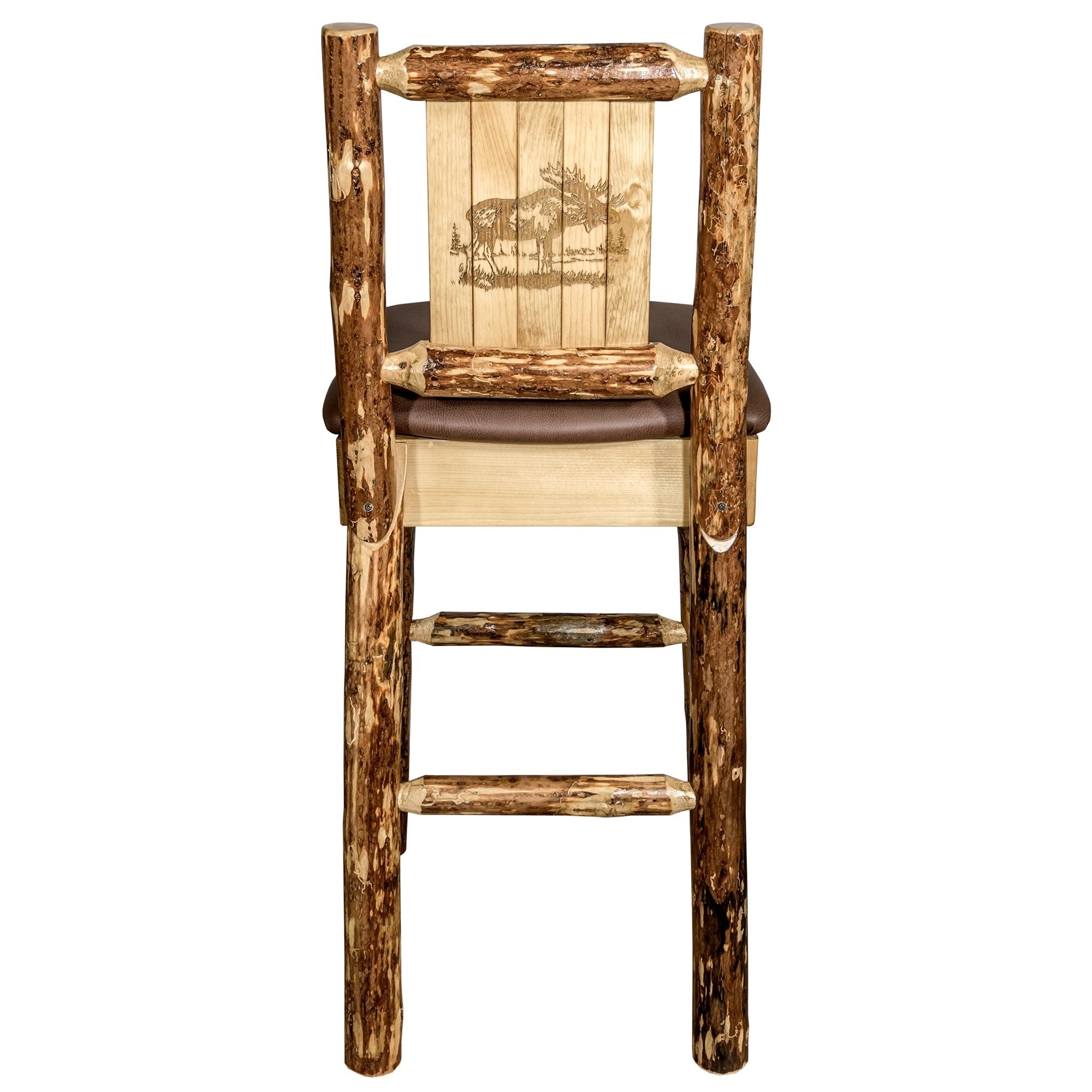 Glacier Country Collection Counter Height Barstool W/ Back - Saddle Upholstery, W/ Laser Engraved Moose Design