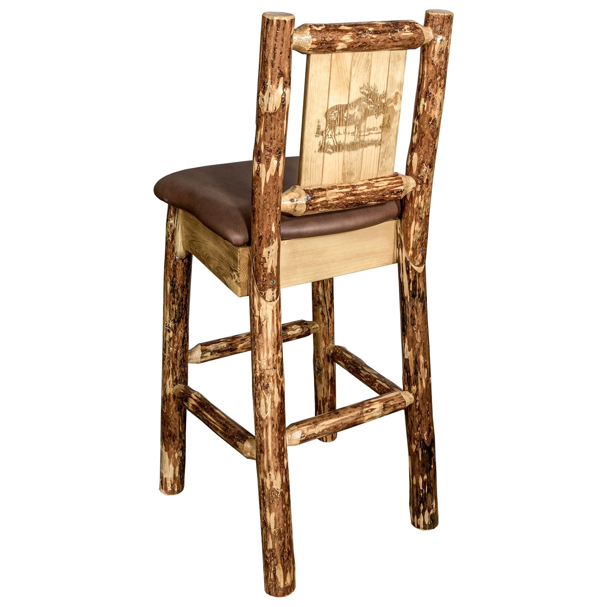 Glacier Country Collection Counter Height Barstool W/ Back - Saddle Upholstery, W/ Laser Engraved Moose Design