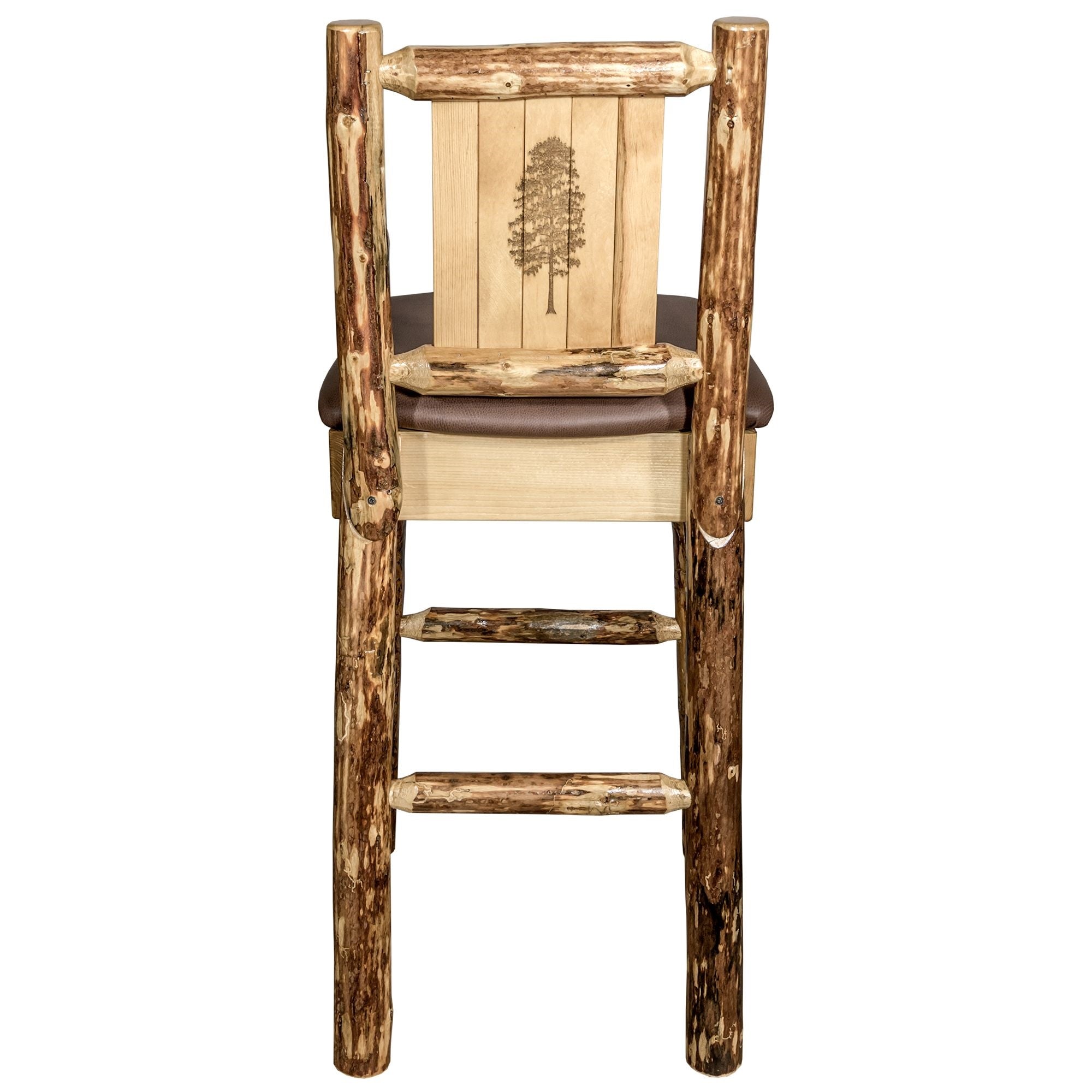 Glacier Country Collection Counter Height Barstool W/ Back - Saddle Upholstery, W/ Laser Engraved Pine Tree Design