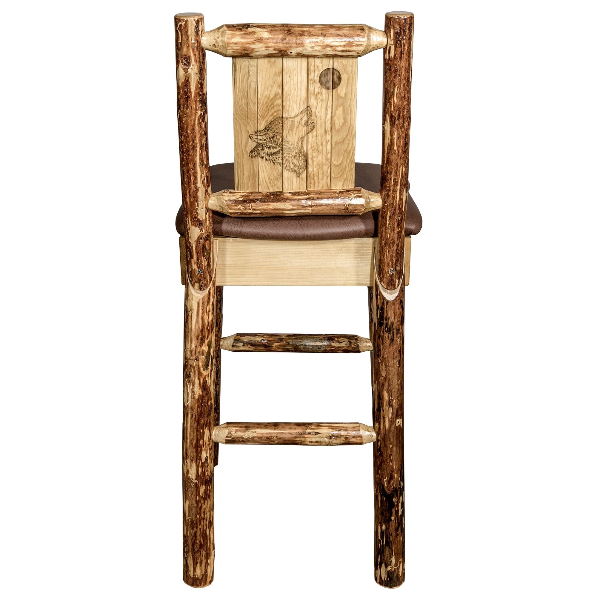 Glacier Country Collection Counter Height Barstool W/ Back - Saddle Upholstery, W/ Laser Engraved Wolf Design