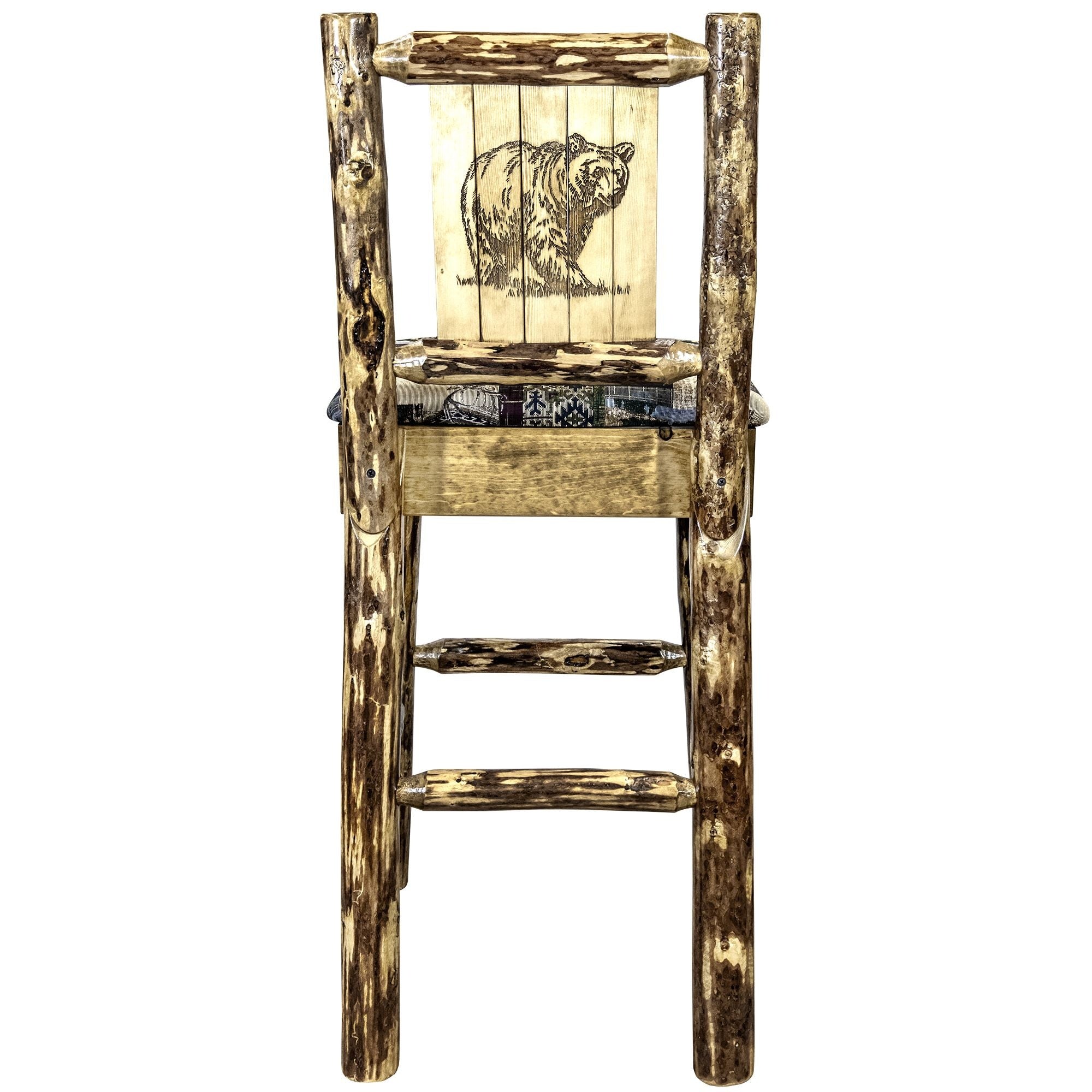 Glacier Country Collection Counter Height Barstool W/ Back - Woodland Upholstery, W/ Laser Engraved Bear Design