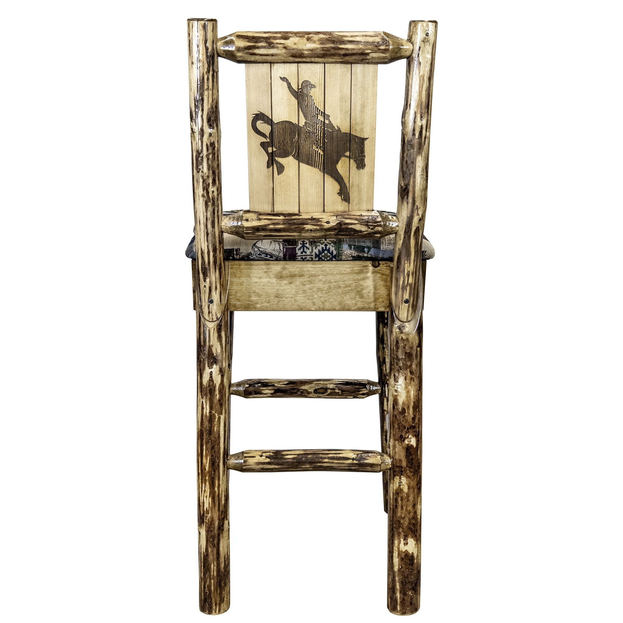 Glacier Country Collection Counter Height Barstool W/ Back - Woodland Upholstery, W/ Laser Engraved Bronc Design