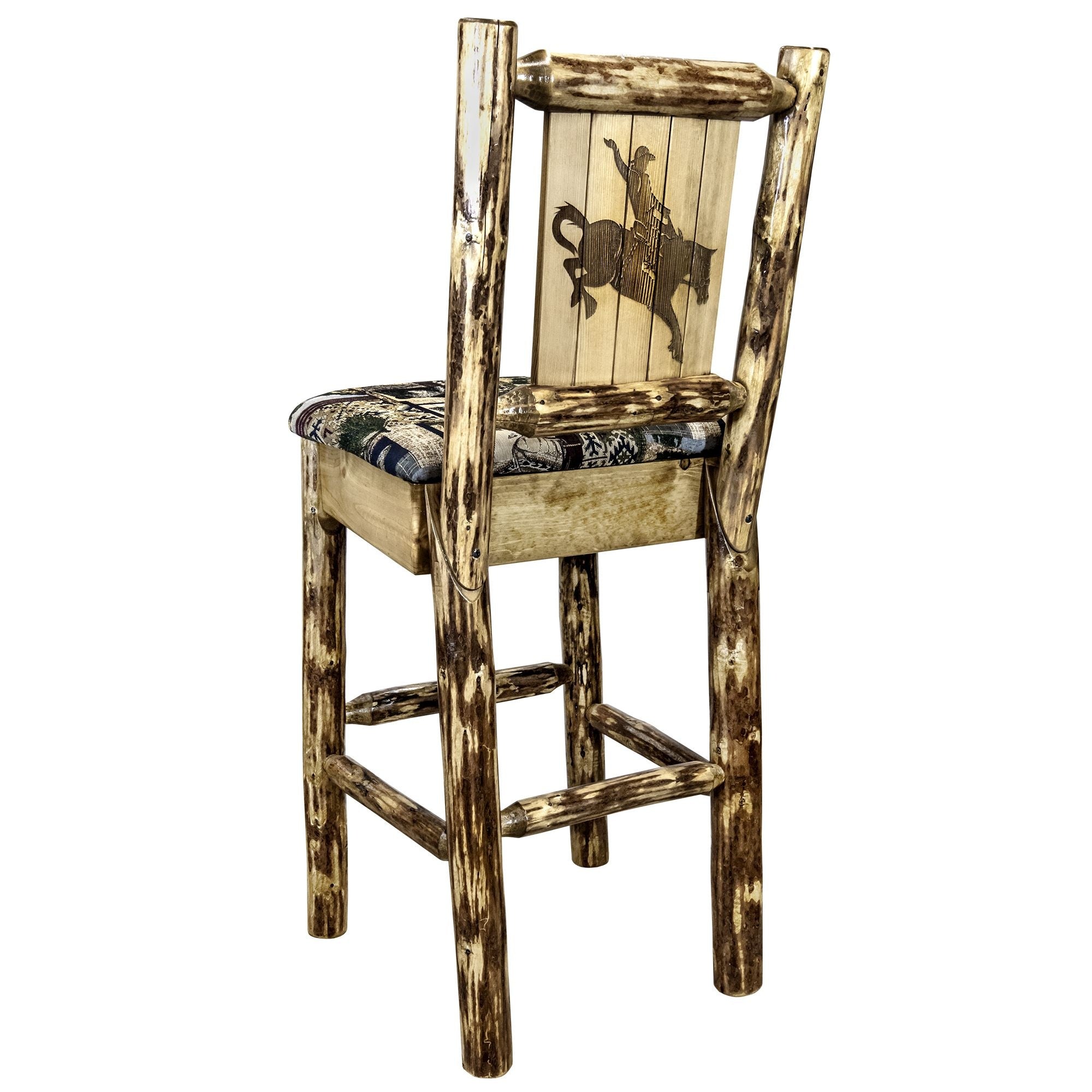 Glacier Country Collection Counter Height Barstool W/ Back - Woodland Upholstery, W/ Laser Engraved Bronc Design