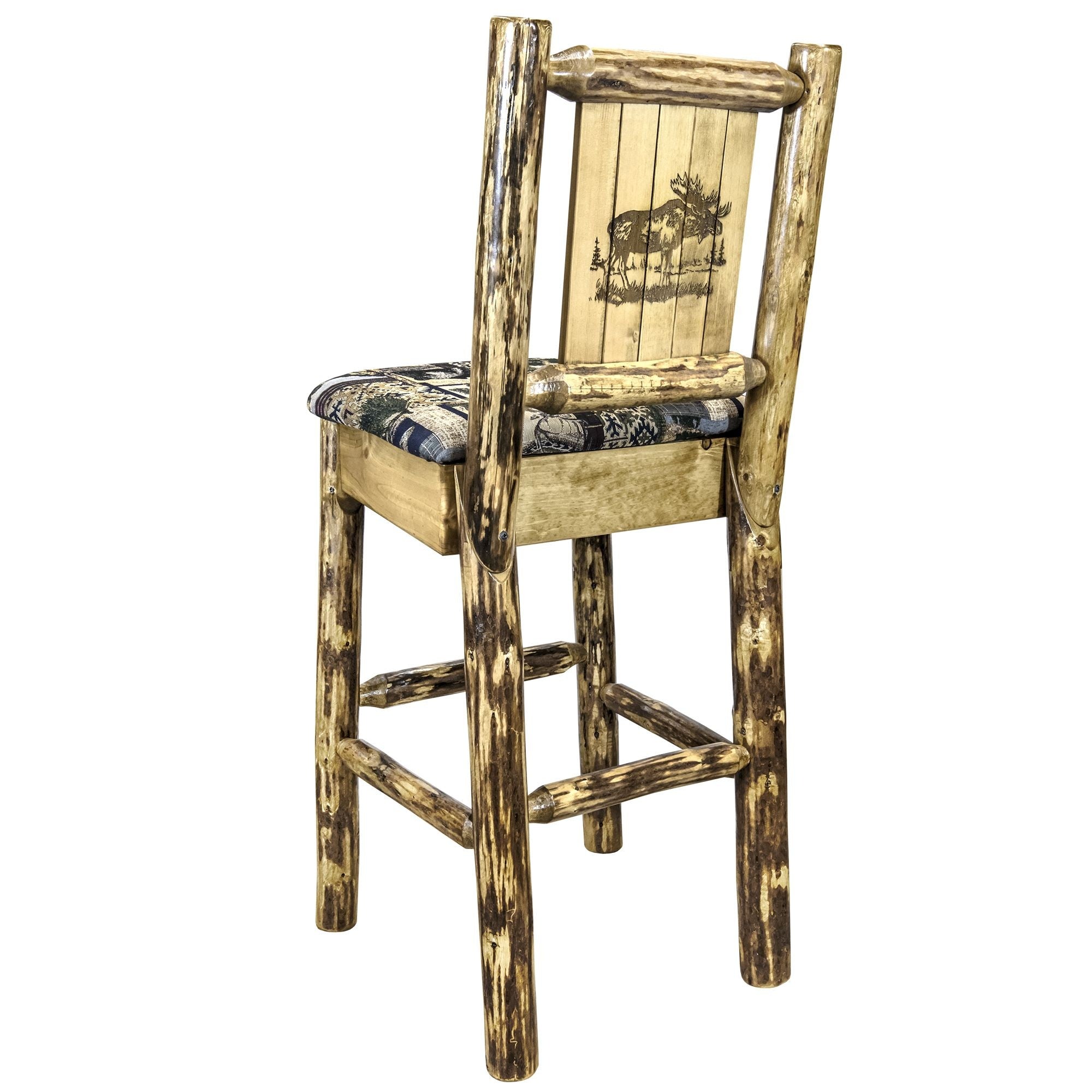 Glacier Country Collection Counter Height Barstool W/ Back - Woodland Upholstery, W/ Laser Engraved Moose Design