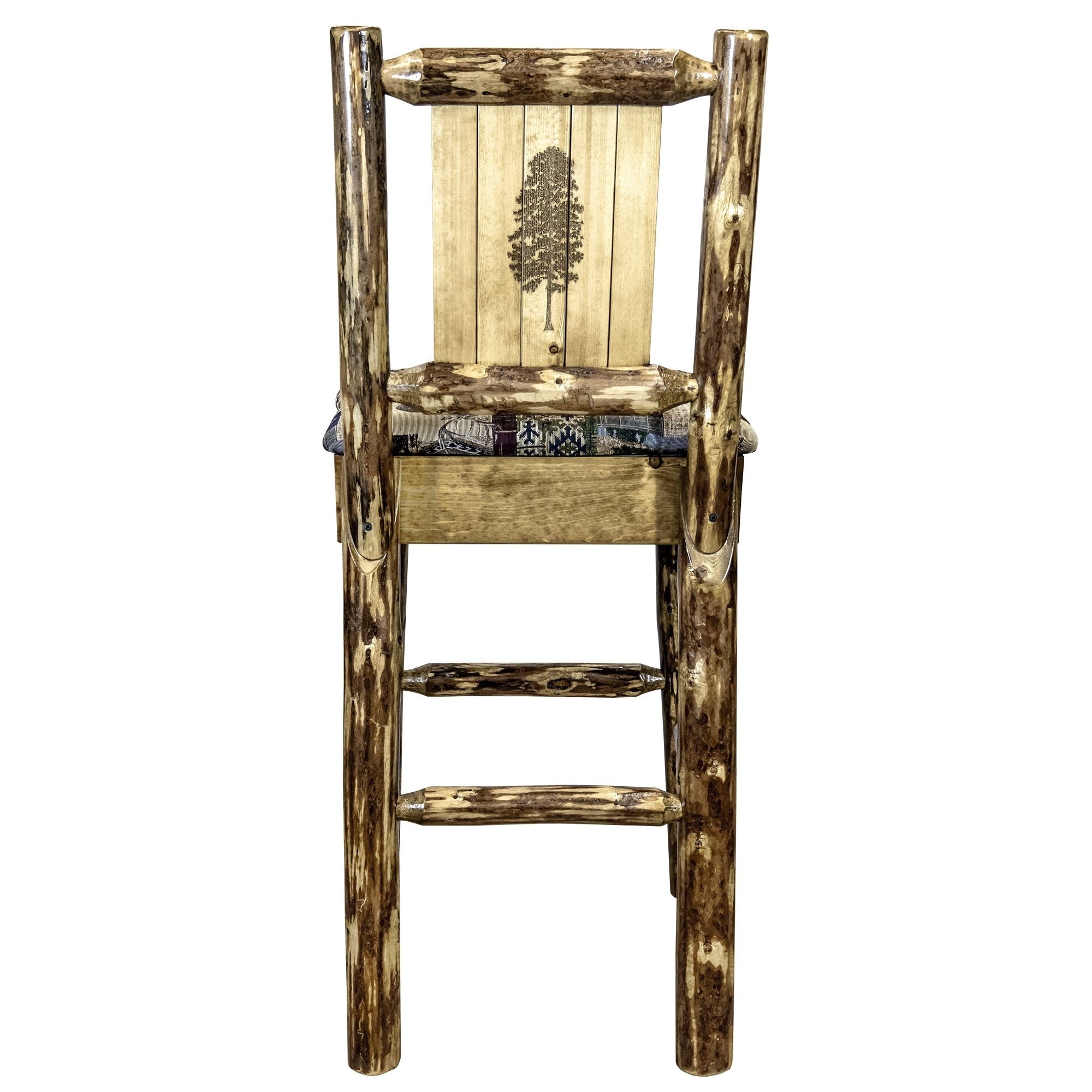 Glacier Country Collection Counter Height Barstool W/ Back - Woodland Upholstery, W/ Laser Engraved Pine Tree Design