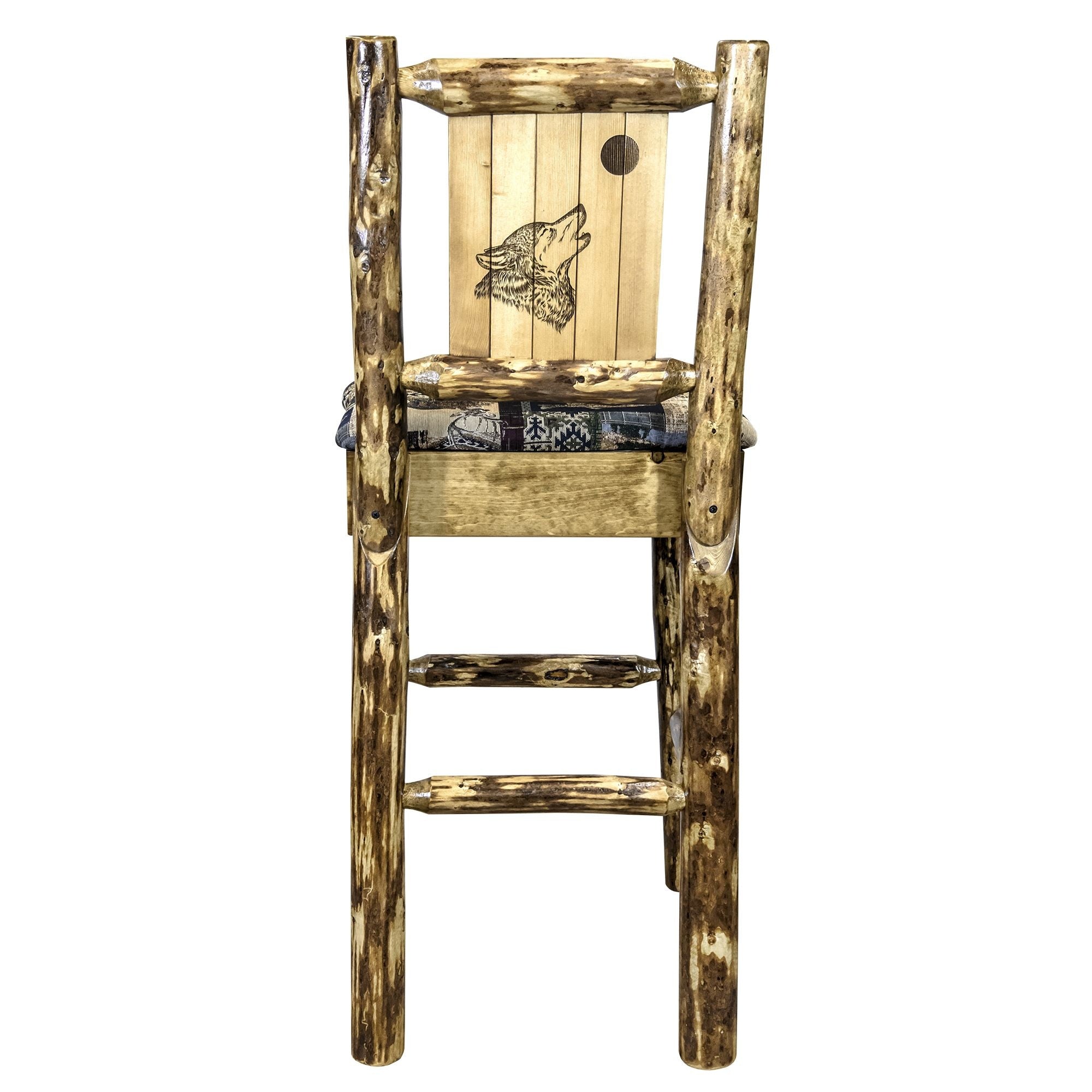 Glacier Country Collection Counter Height Barstool W/ Back - Woodland Upholstery, W/ Laser Engraved Wolf Design